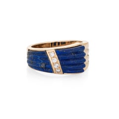 70s Fluted Lapis Lazuli Diamond Ring Vintage 14k Yellow Gold Sz 7 Fine Jewelry