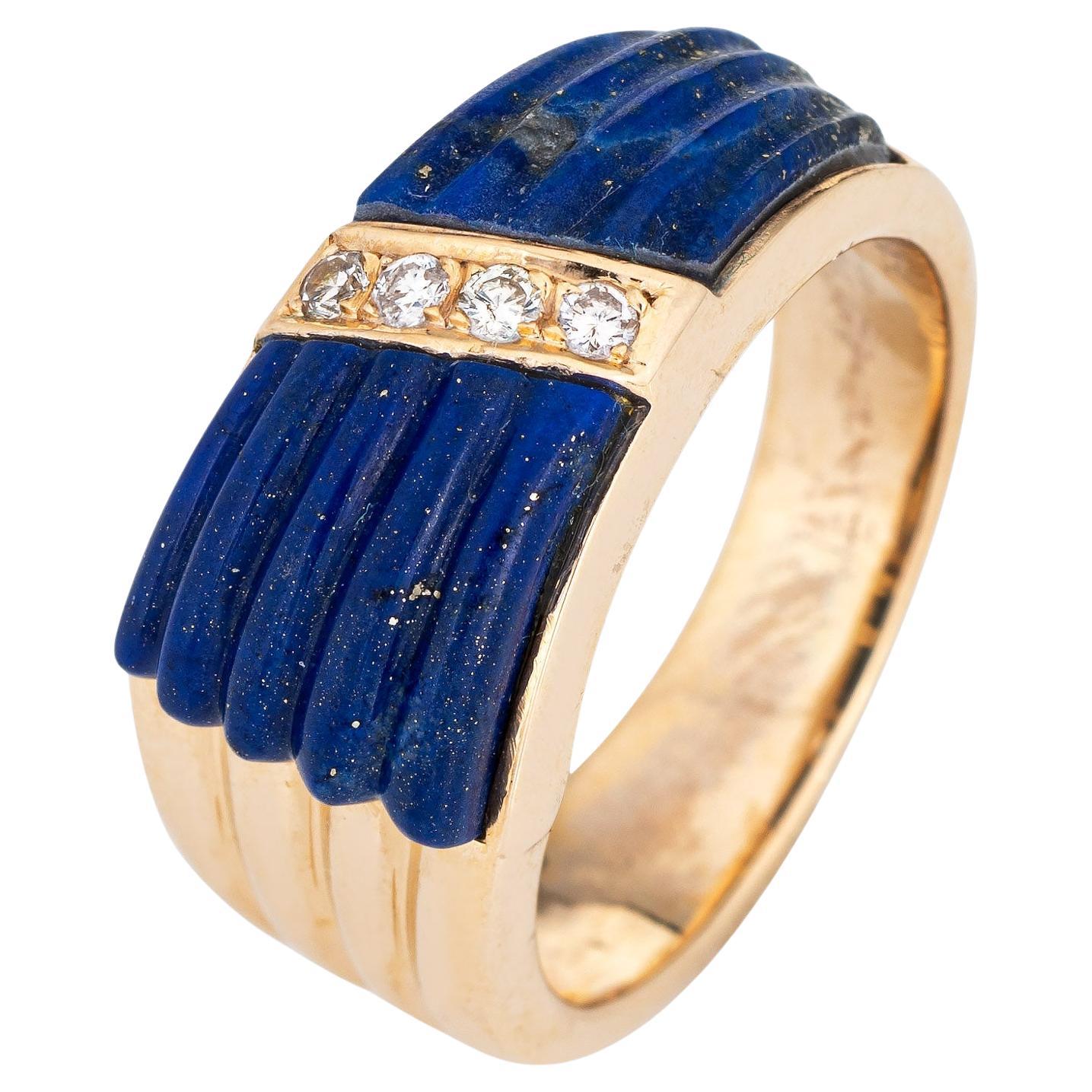 Bague vintage cannelée en or jaune 14 carats avec lapis-lazuli et diamants, taille 7, années 70 Fine Jewelry