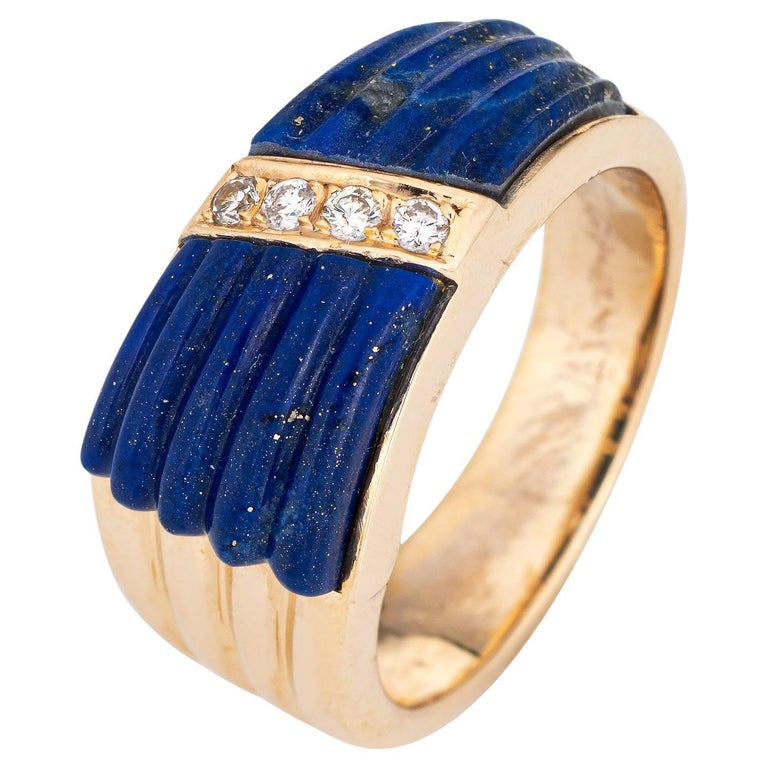 70s Fluted Lapis Lazuli Diamond Ring Vintage 14k Yellow Gold Sz 7 Fine Jewelry For Sale at 1stDibs