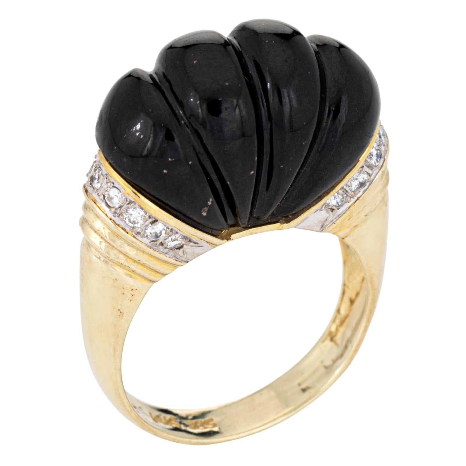 Bague vintage en or jaune 14 carats avec onyx cannelé et diamants, années 70 en vente