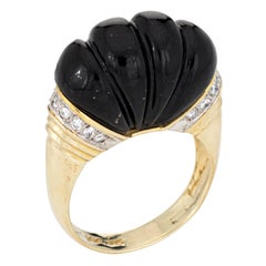Bague vintage en or jaune 14 carats avec onyx cannelé et diamants, années 70