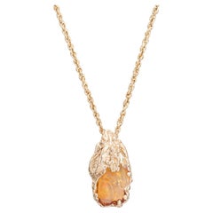 Retro 70s Freeform Mexican Fire Opal Necklace Pendant 14k Yellow Gold Orange Jewelry
