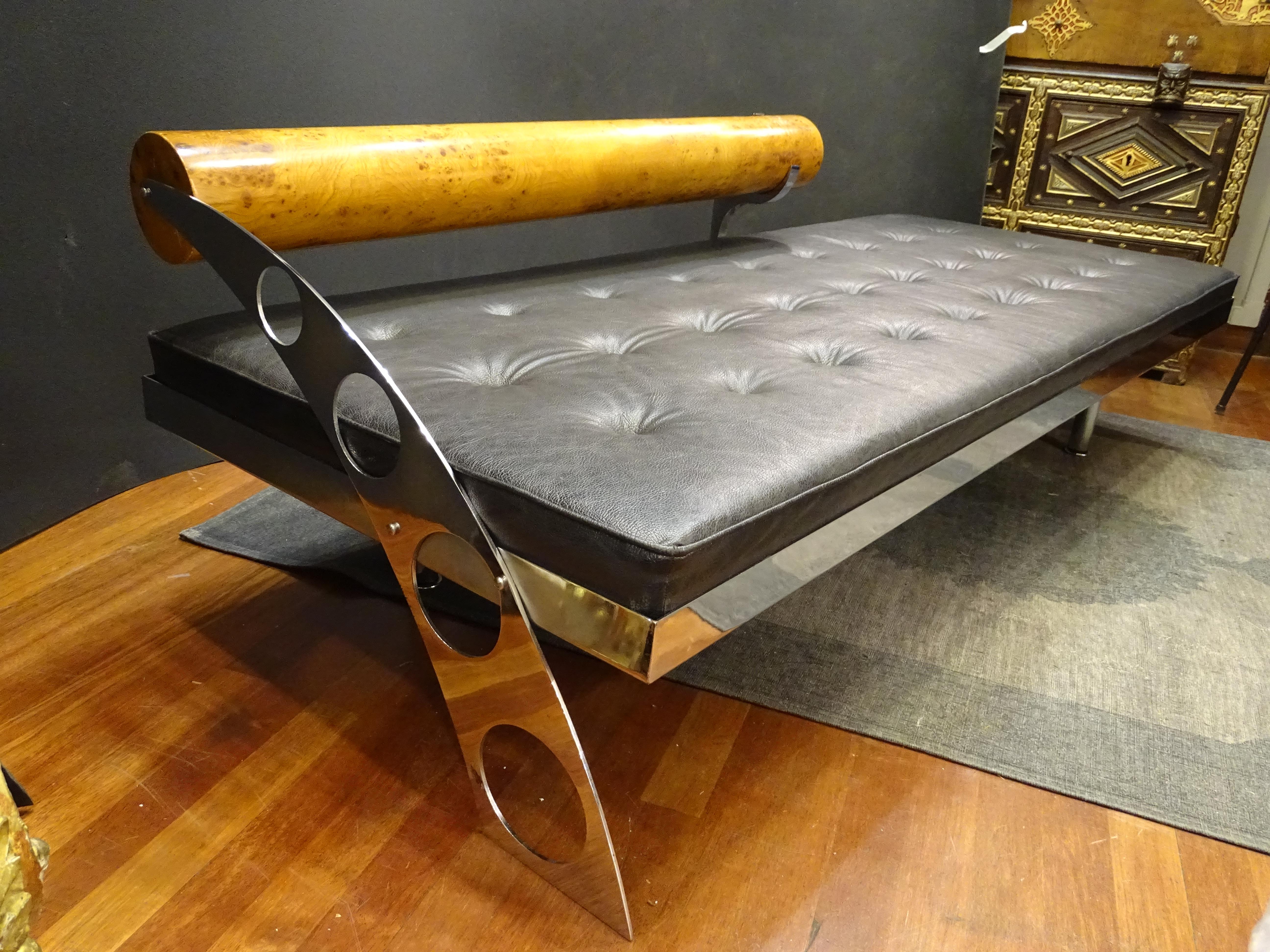 70s French Black Chaise Longue, Daybed, Leather, Wood and Steel 3