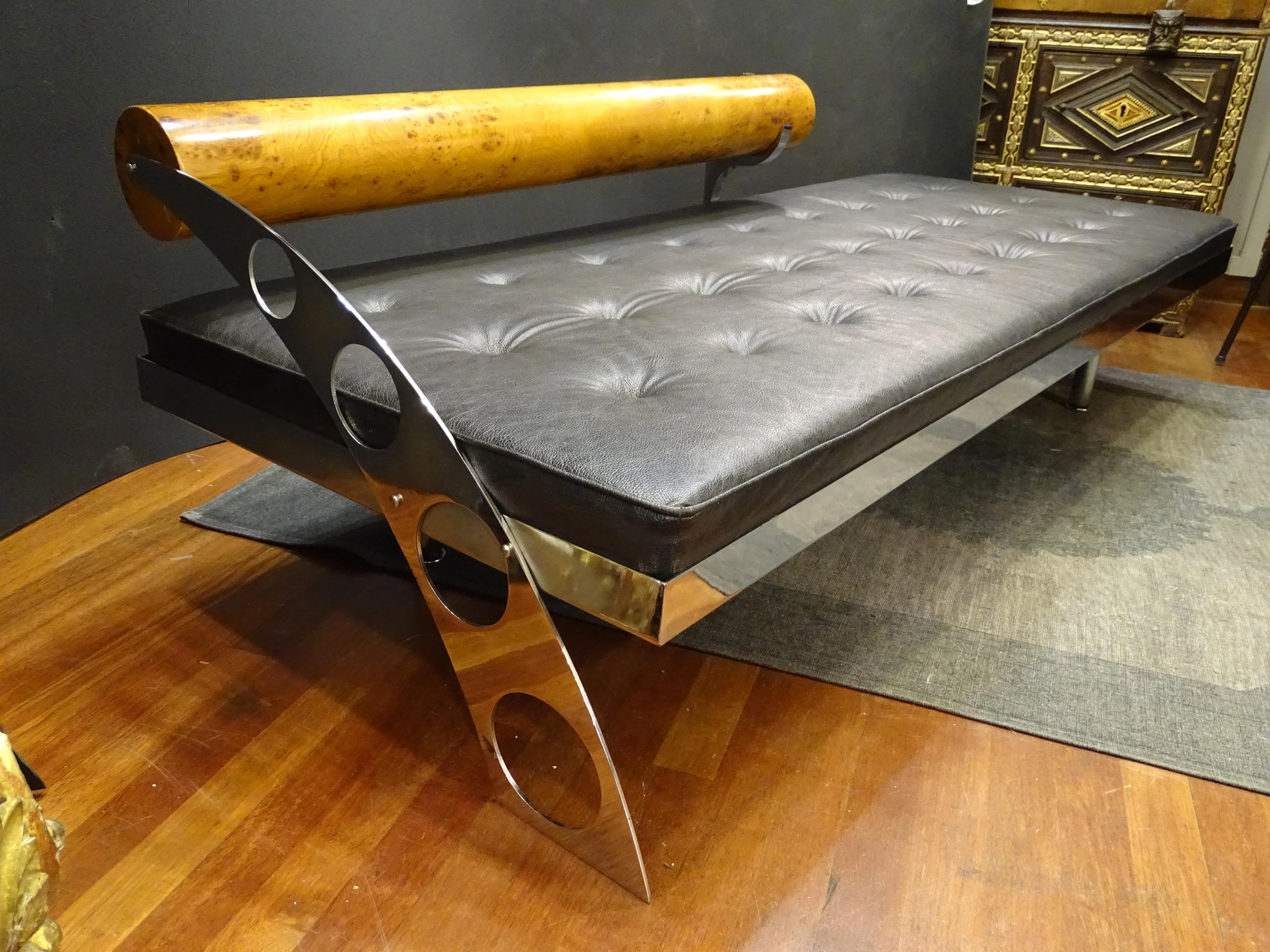 70s French Black Chaise Longue, Daybed, Leather, Wood and Steel 4