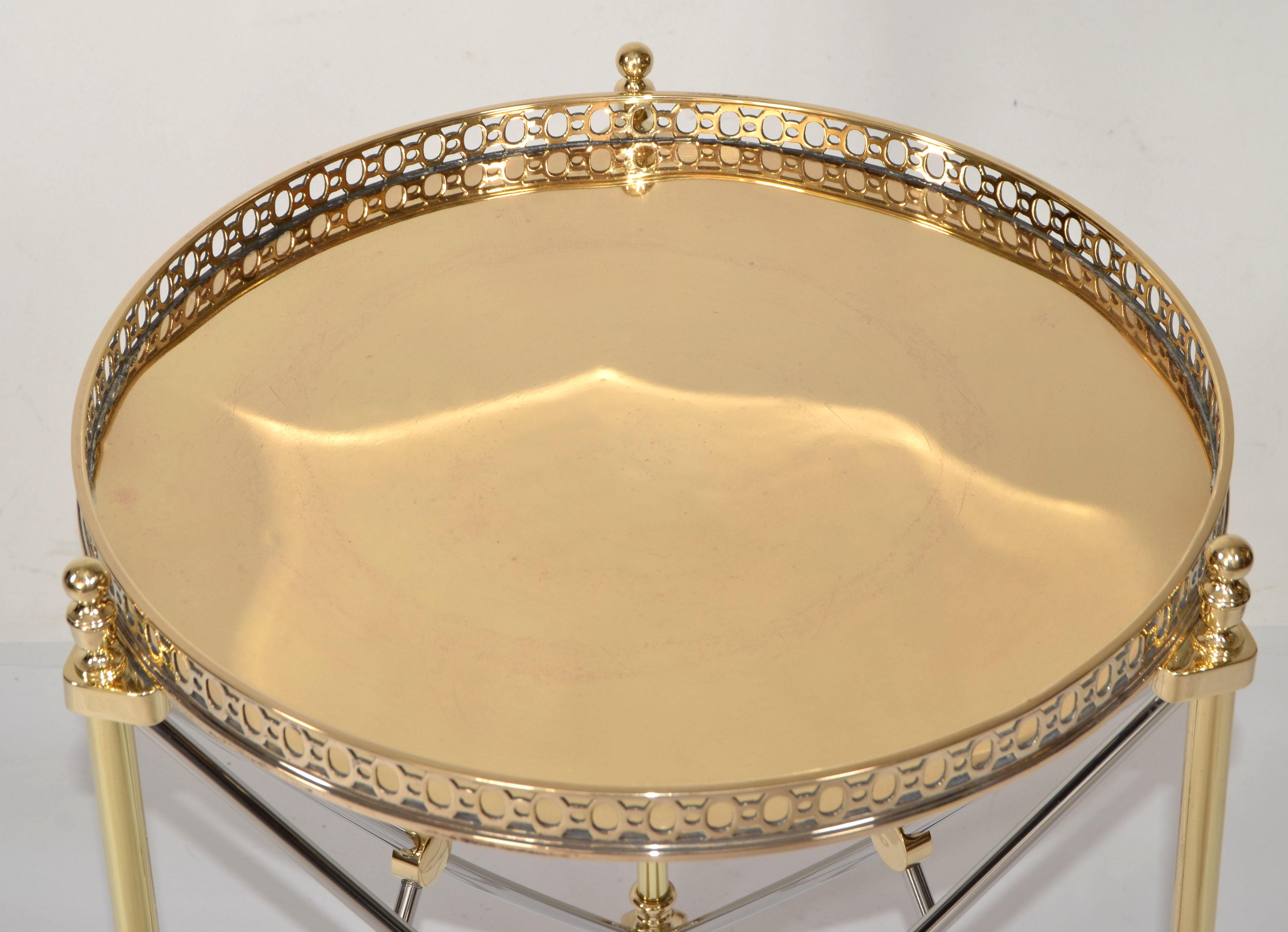 70s French Maison Jansen Style Brass Chrome Round Tray Top End Side Drink Table For Sale 4