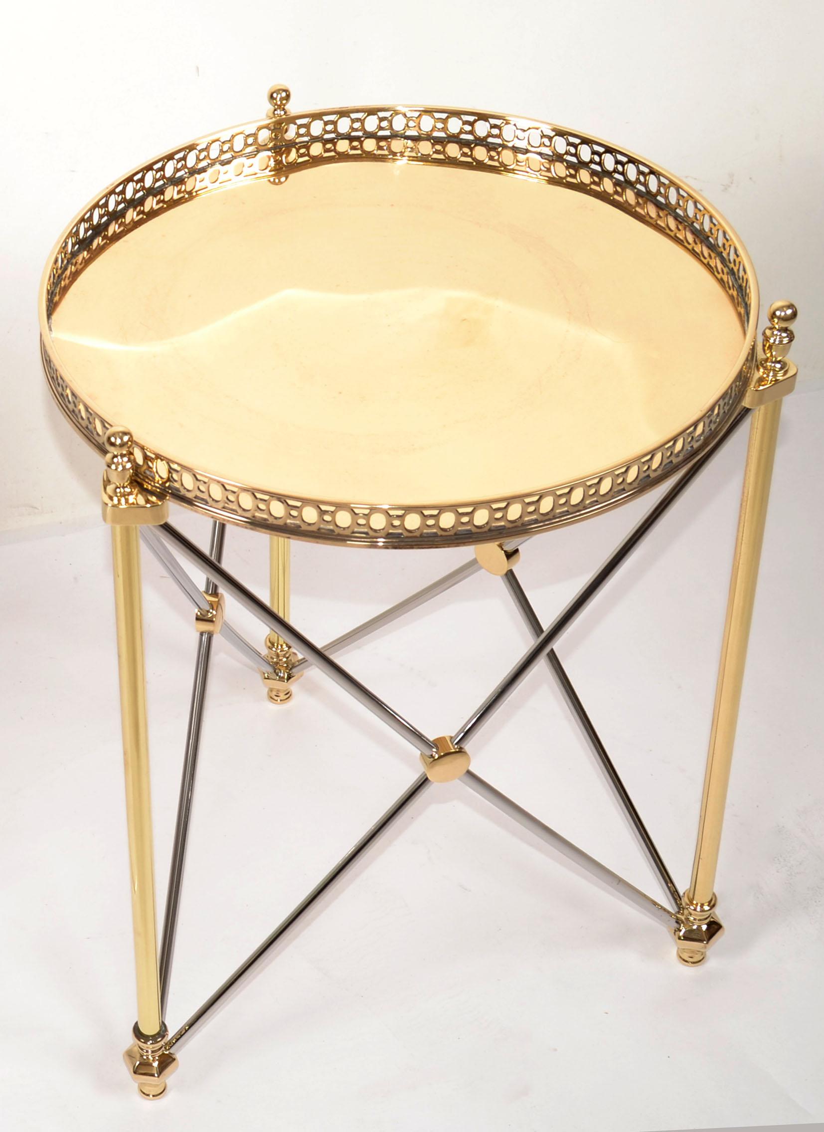 70s French Maison Jansen Style Brass Chrome Round Tray Top End Side Drink Table  For Sale 5