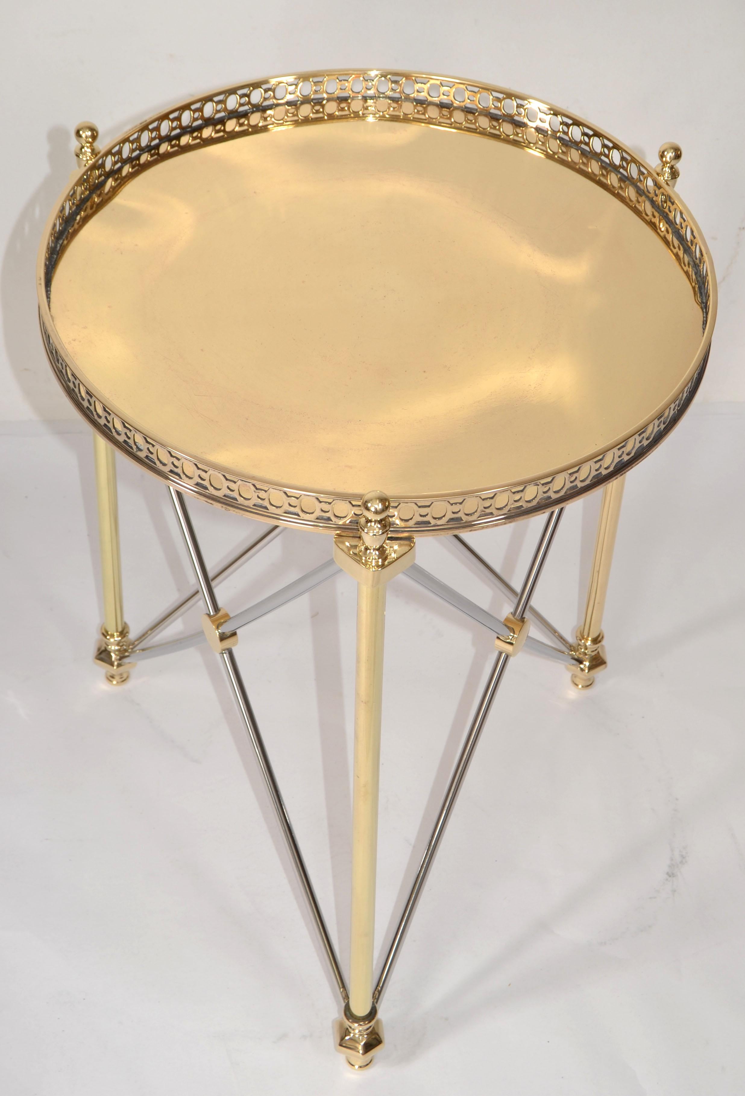 70s French Maison Jansen Style Brass Chrome Round Tray Top End Side Drink Table  For Sale 6