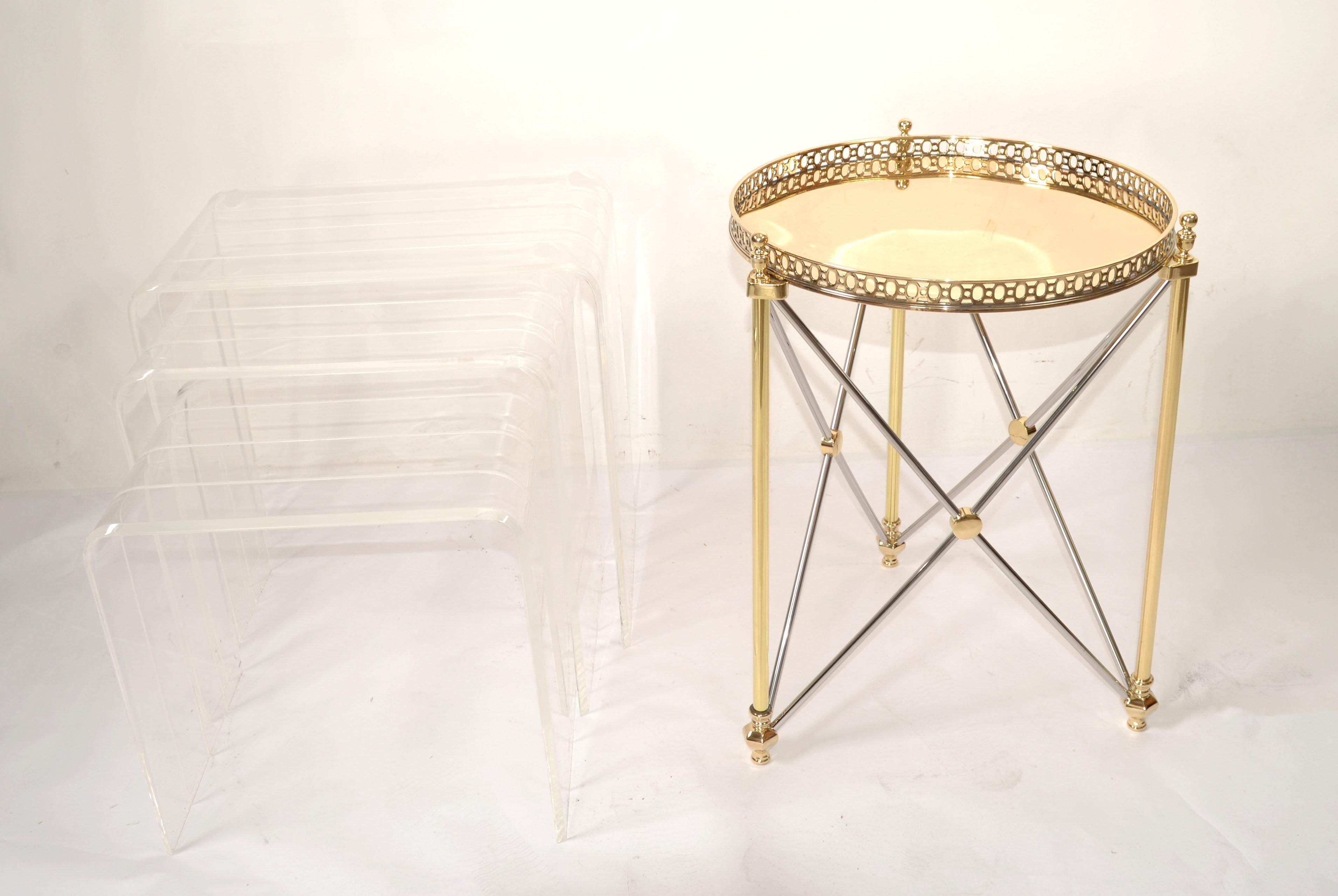 70s French Maison Jansen Style Brass Chrome Round Tray Top End Side Drink Table  For Sale 10