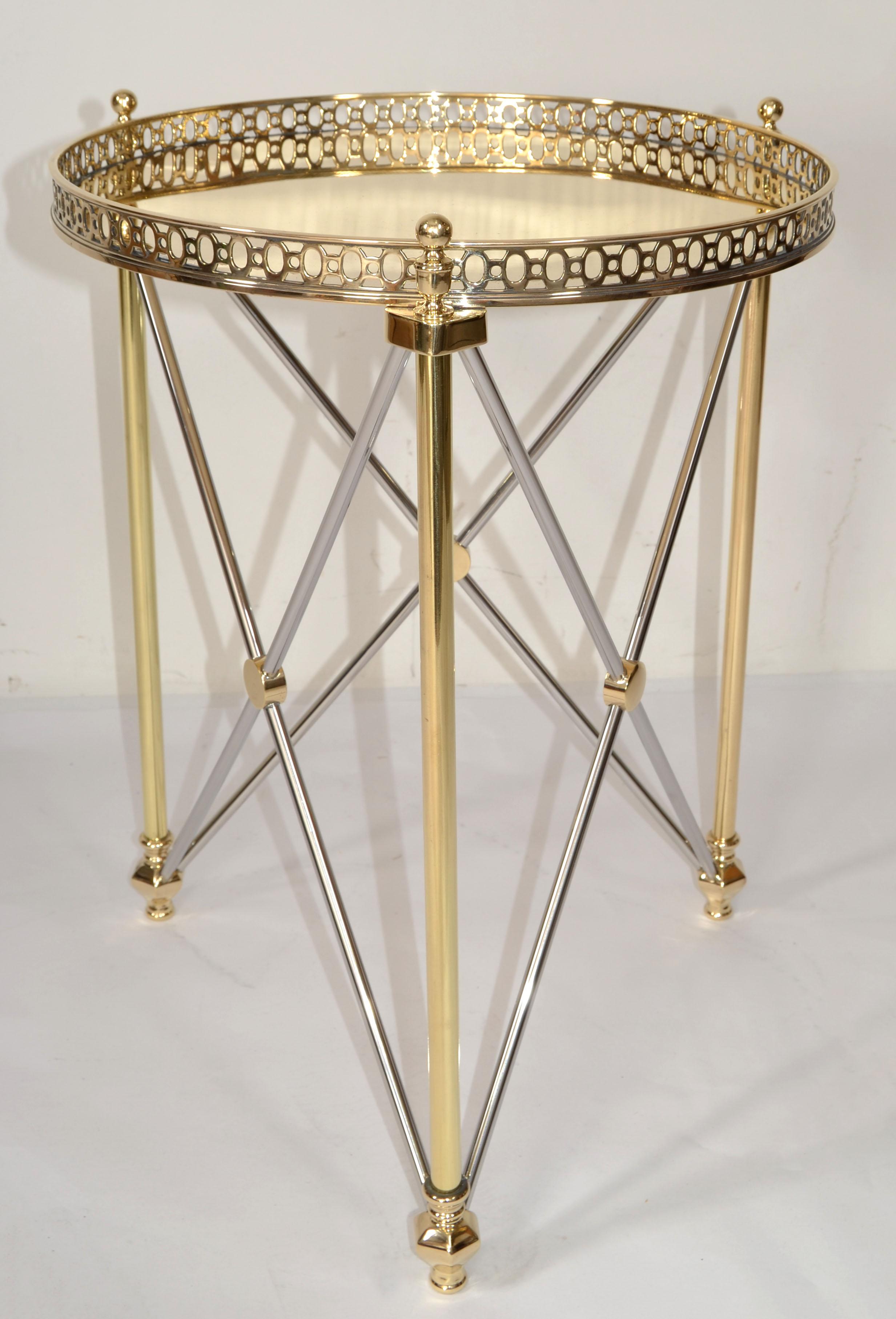70s French Maison Jansen Style Brass Chrome Round Tray Top End Side Drink Table  For Sale 11