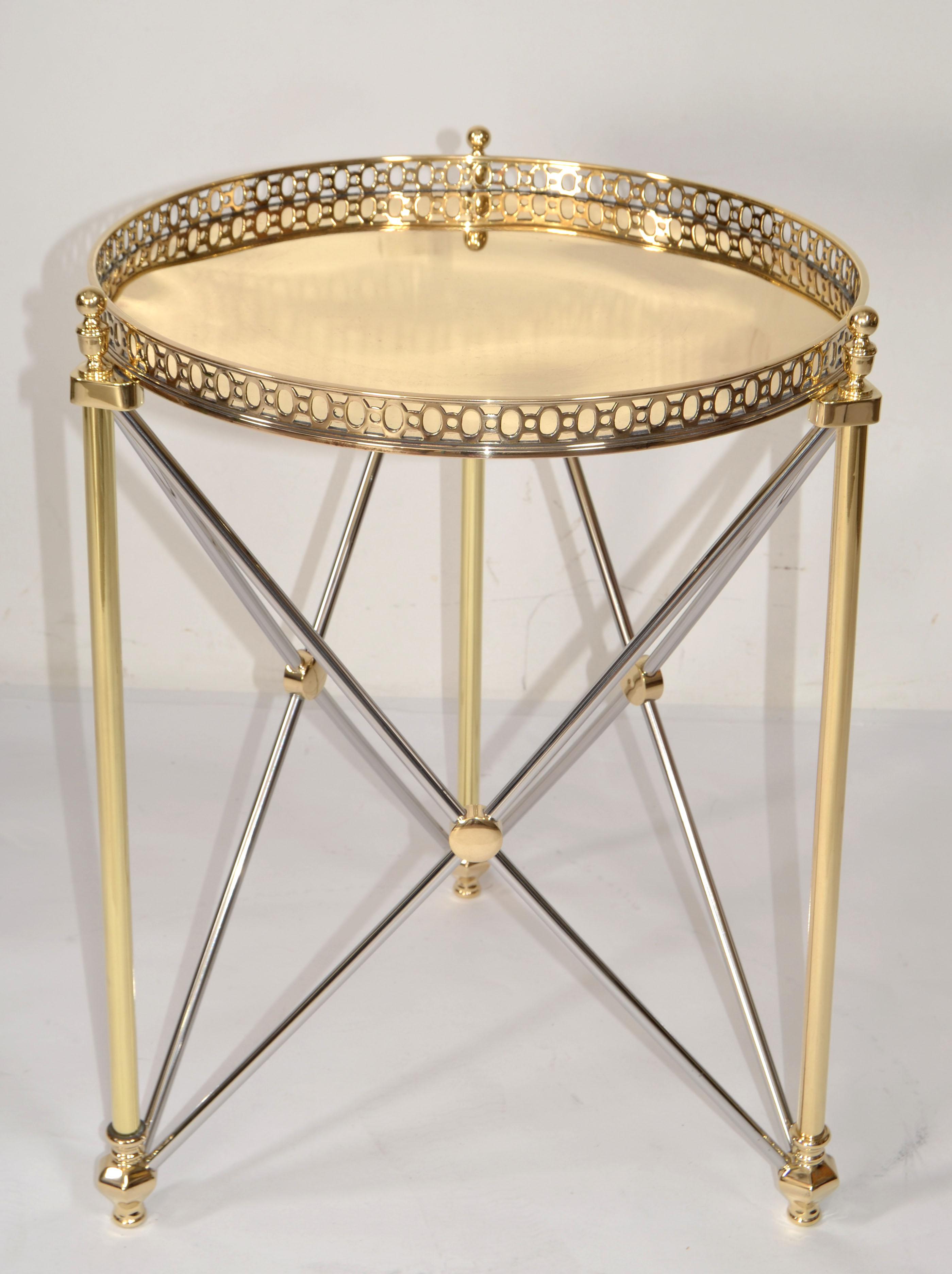 Hand-Crafted 70s French Maison Jansen Style Brass Chrome Round Tray Top End Side Drink Table  For Sale