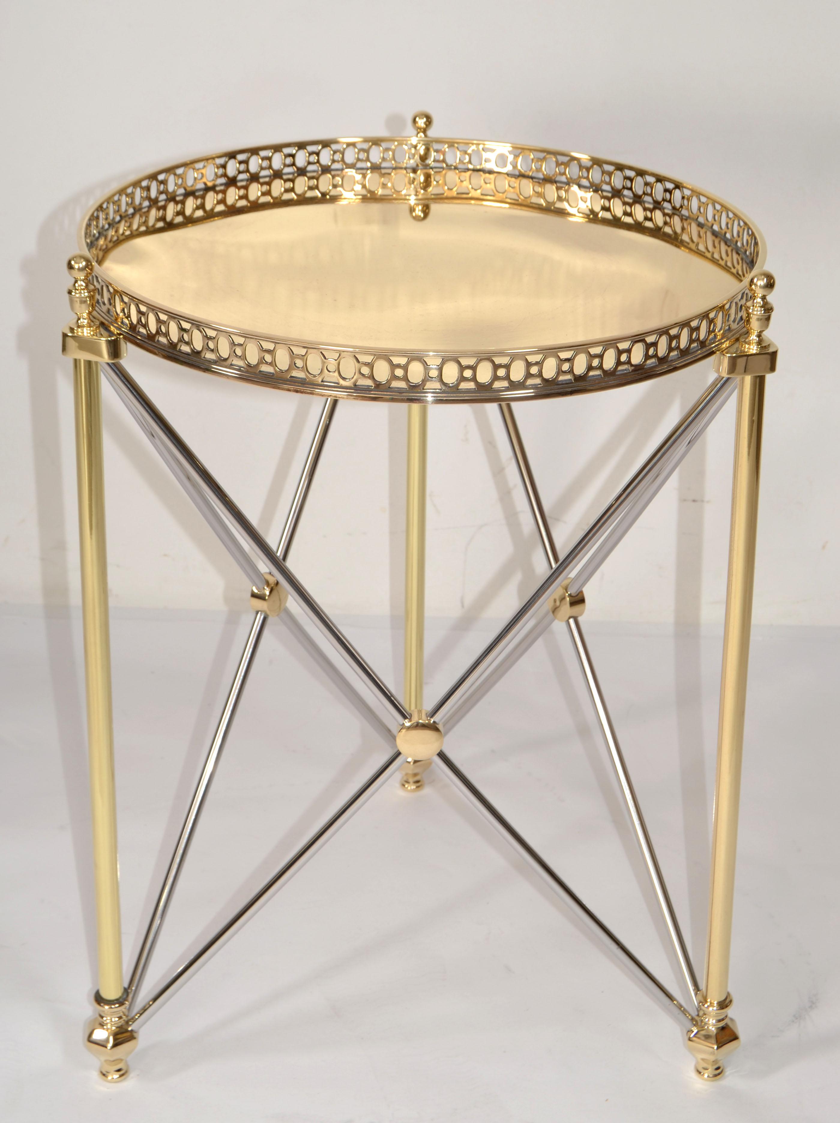 Hand-Crafted 70s French Maison Jansen Style Brass Chrome Round Tray Top End Side Drink Table For Sale