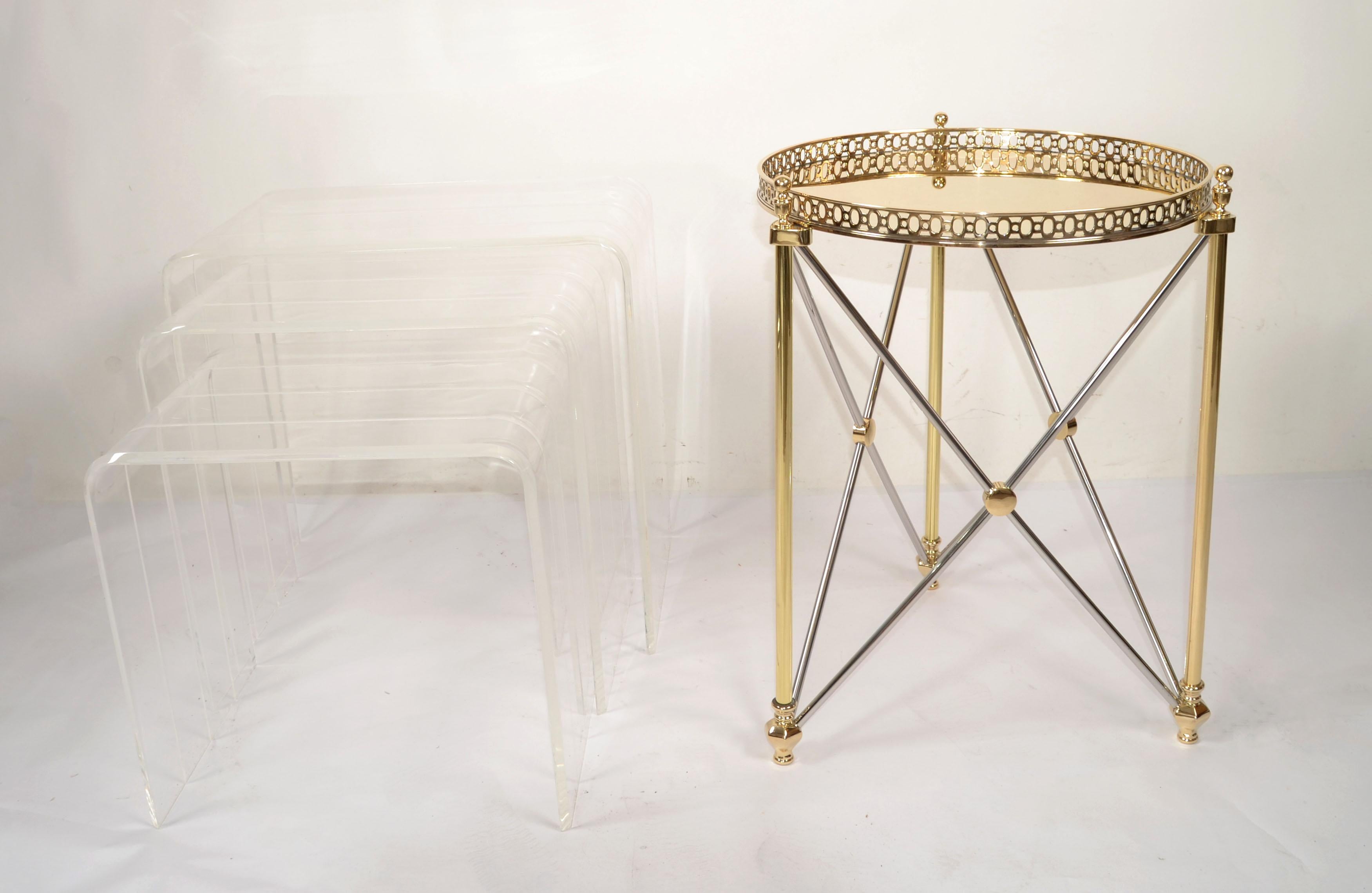 70s French Maison Jansen Style Brass Chrome Round Tray Top End Side Drink Table For Sale 3