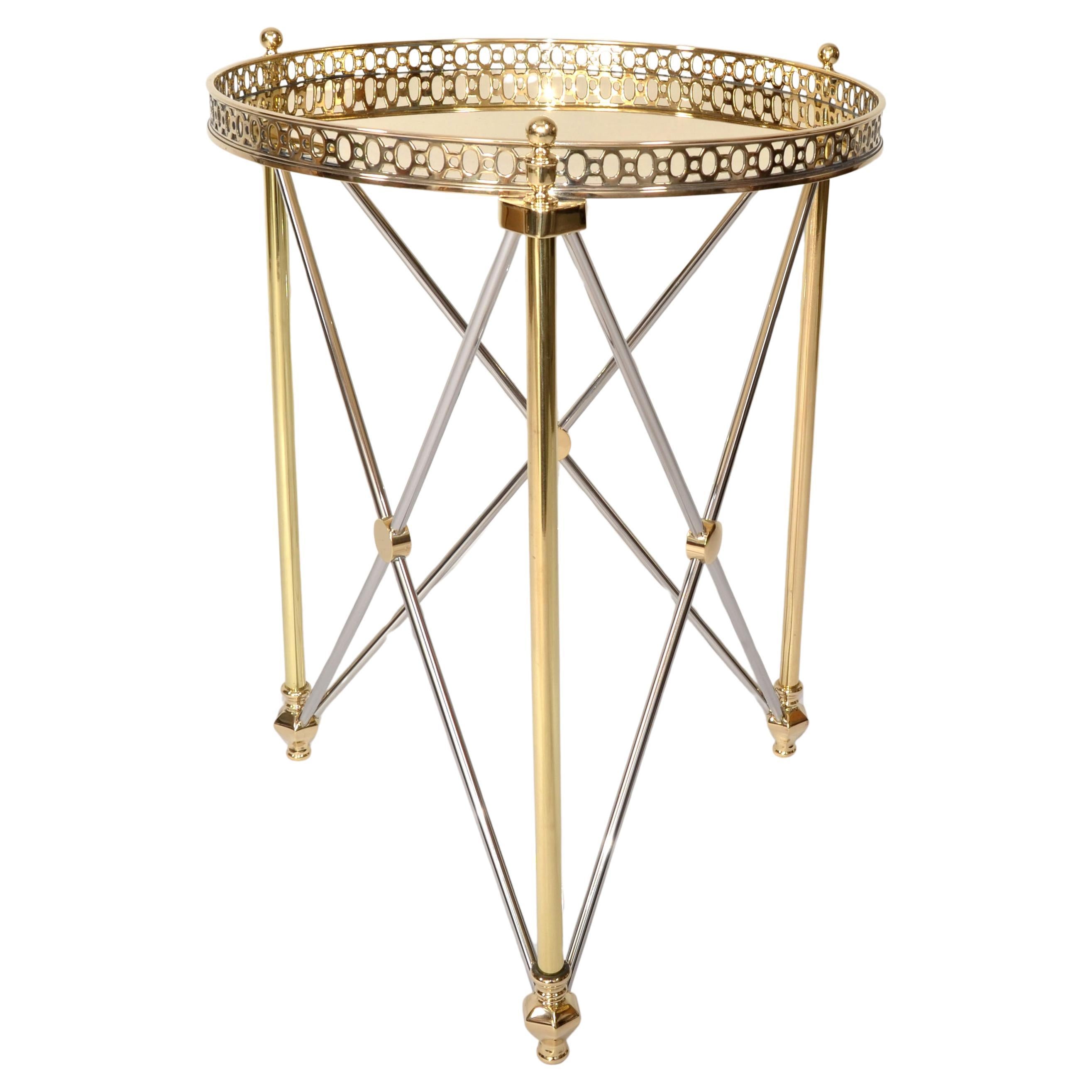 70s French Maison Jansen Style Brass Chrome Round Tray Top End Side Drink Table  For Sale