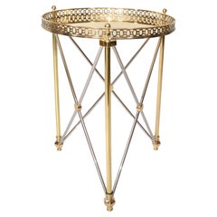 70s French Maison Jansen Style Brass Chrome Round Tray Top End Side Drink Table 