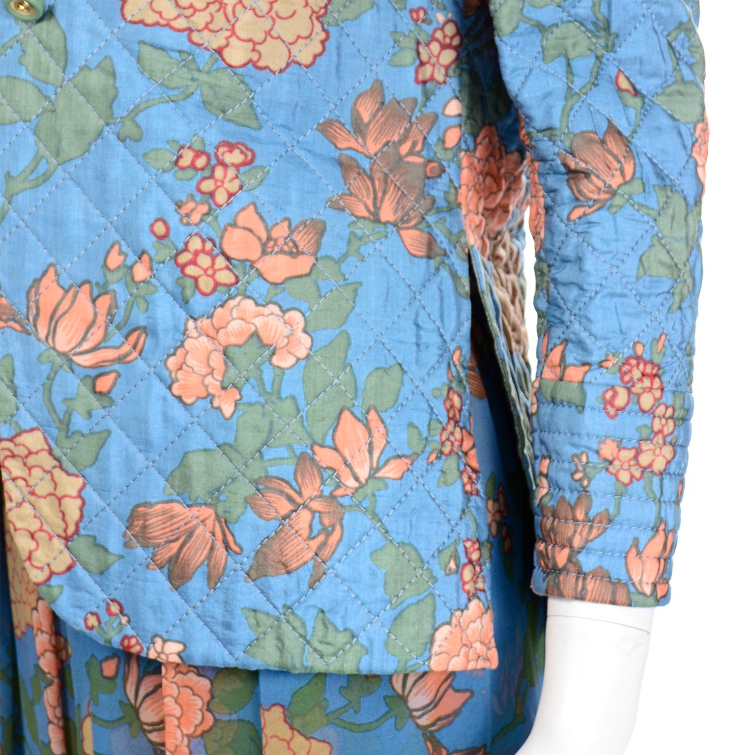 70s Galanos Numbered Vintage 3pc Silk Chiffon Blue Floral Dress & Quilted Jacket For Sale 2