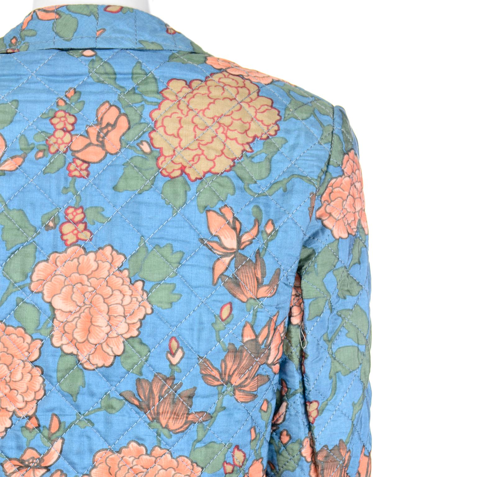 70s Galanos Numbered Vintage 3pc Silk Chiffon Blue Floral Dress & Quilted Jacket For Sale 3