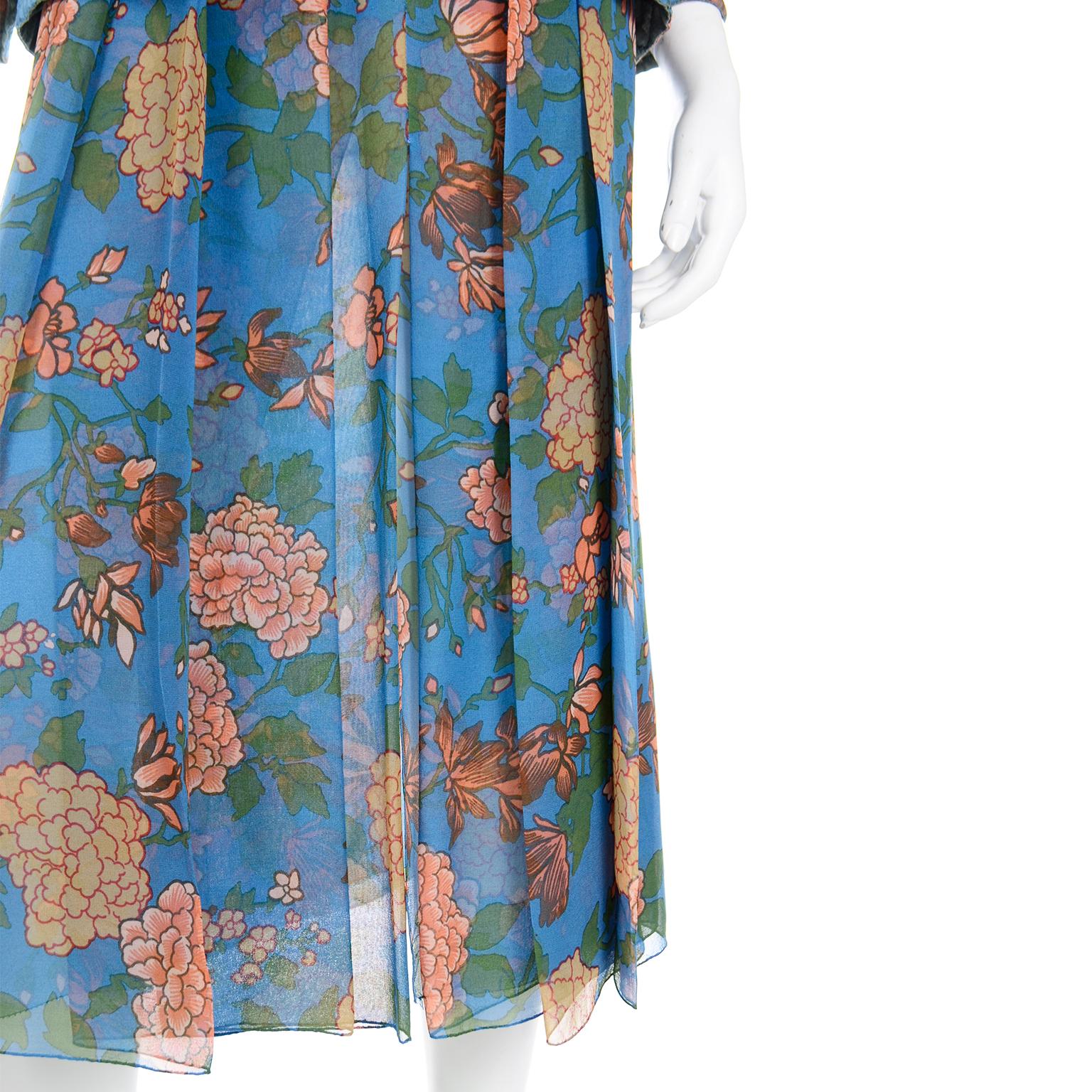 70s Galanos Numbered Vintage 3pc Silk Chiffon Blue Floral Dress & Quilted Jacket For Sale 4