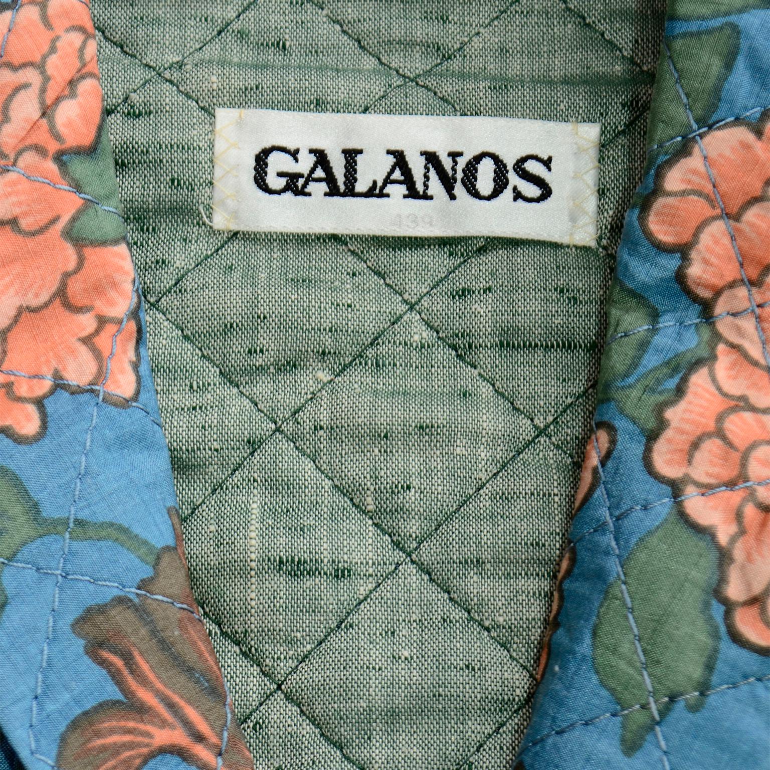 70s Galanos Numbered Vintage 3pc Silk Chiffon Blue Floral Dress & Quilted Jacket For Sale 5