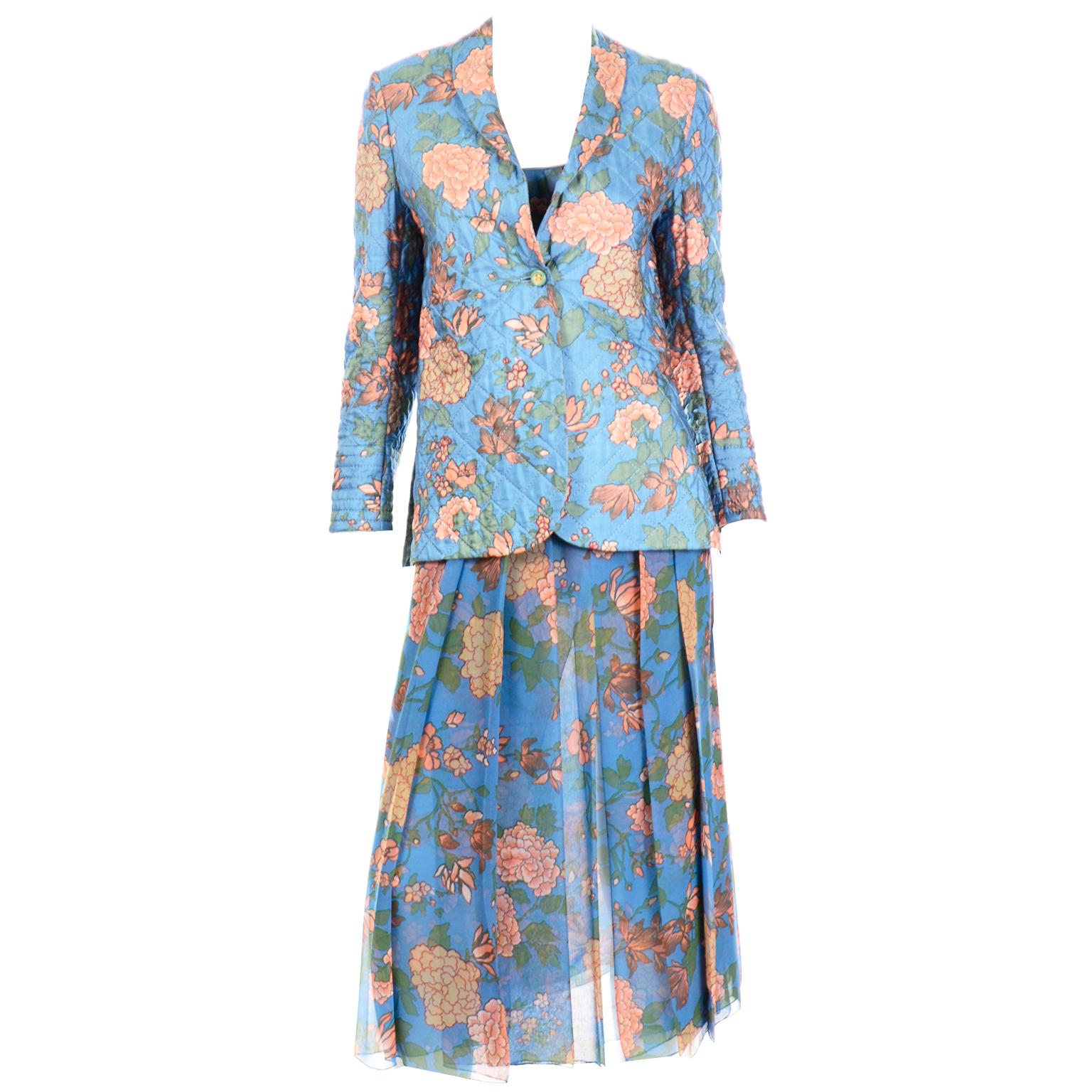 70s Galanos Numbered Vintage 3pc Silk Chiffon Blue Floral Dress & Quilted Jacket For Sale 6