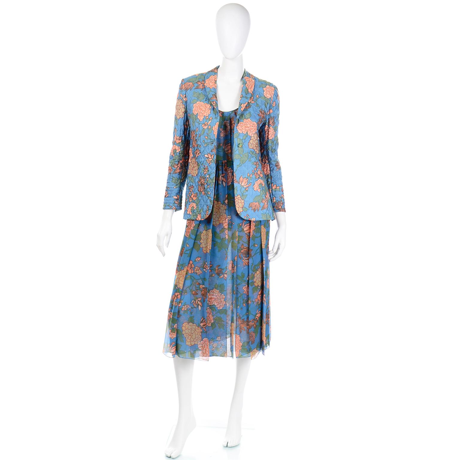 If you love vintage James Galanos pieces, you will absolutely love this incredible vintage 1970's 3 pc Galanos outfit! This exquisite outfit includes outfit includes a beautiful blue and peach floral print silk chiffon skirt with a matching silk