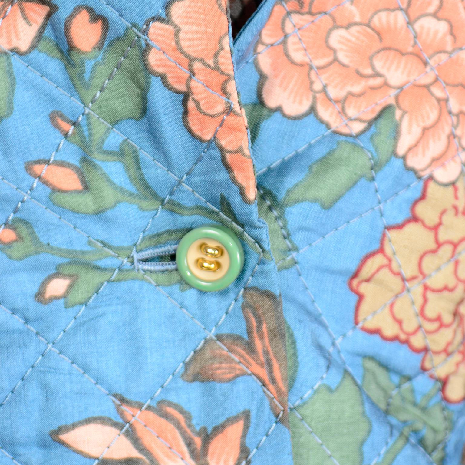 70s Galanos Numbered Vintage 3pc Silk Chiffon Blue Floral Dress & Quilted Jacket For Sale 1