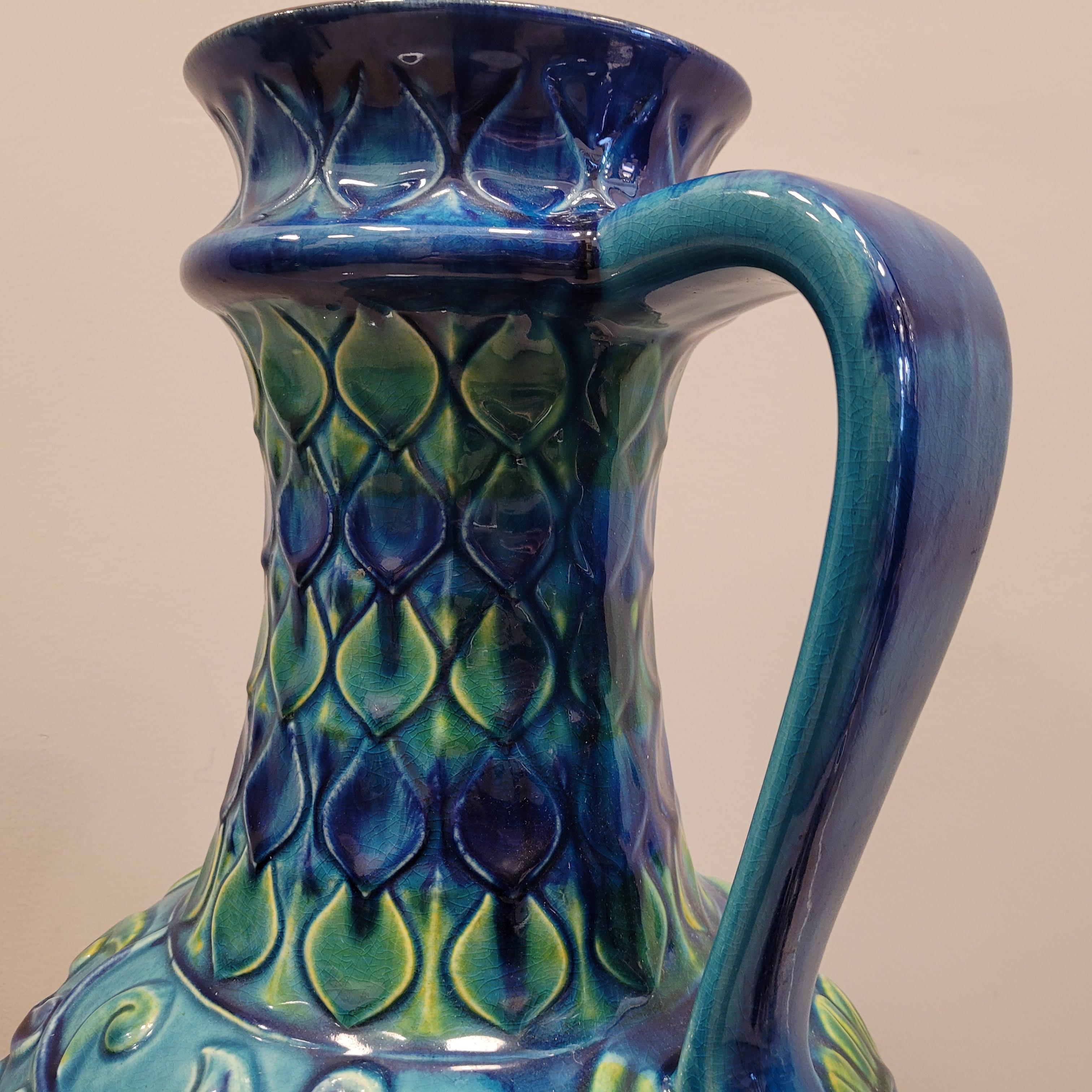 70s German Ceramic Blue green Flowers Vase  6
