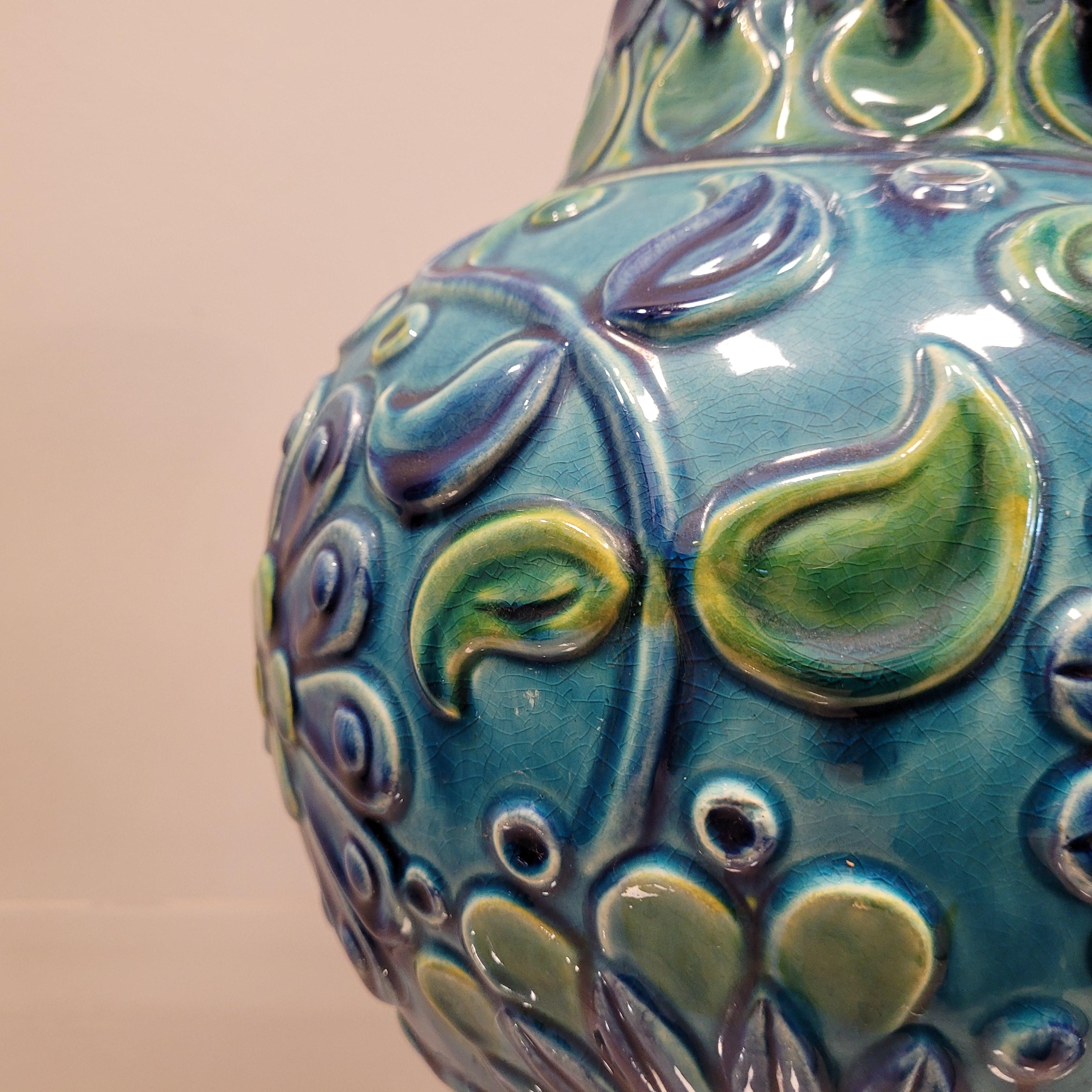 70s German Ceramic Blue green Flowers Vase  7