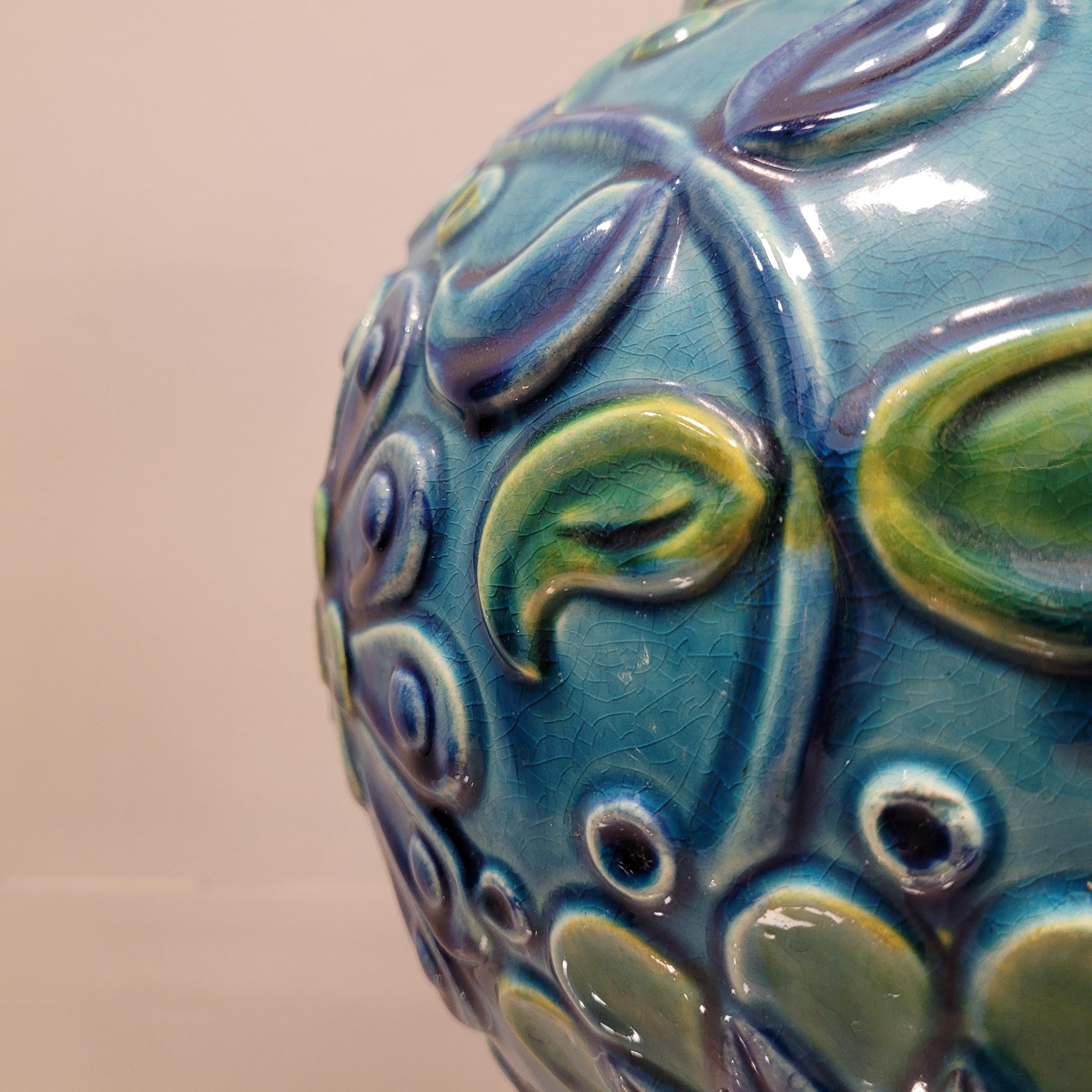 70s German Ceramic Blue green Flowers Vase  8