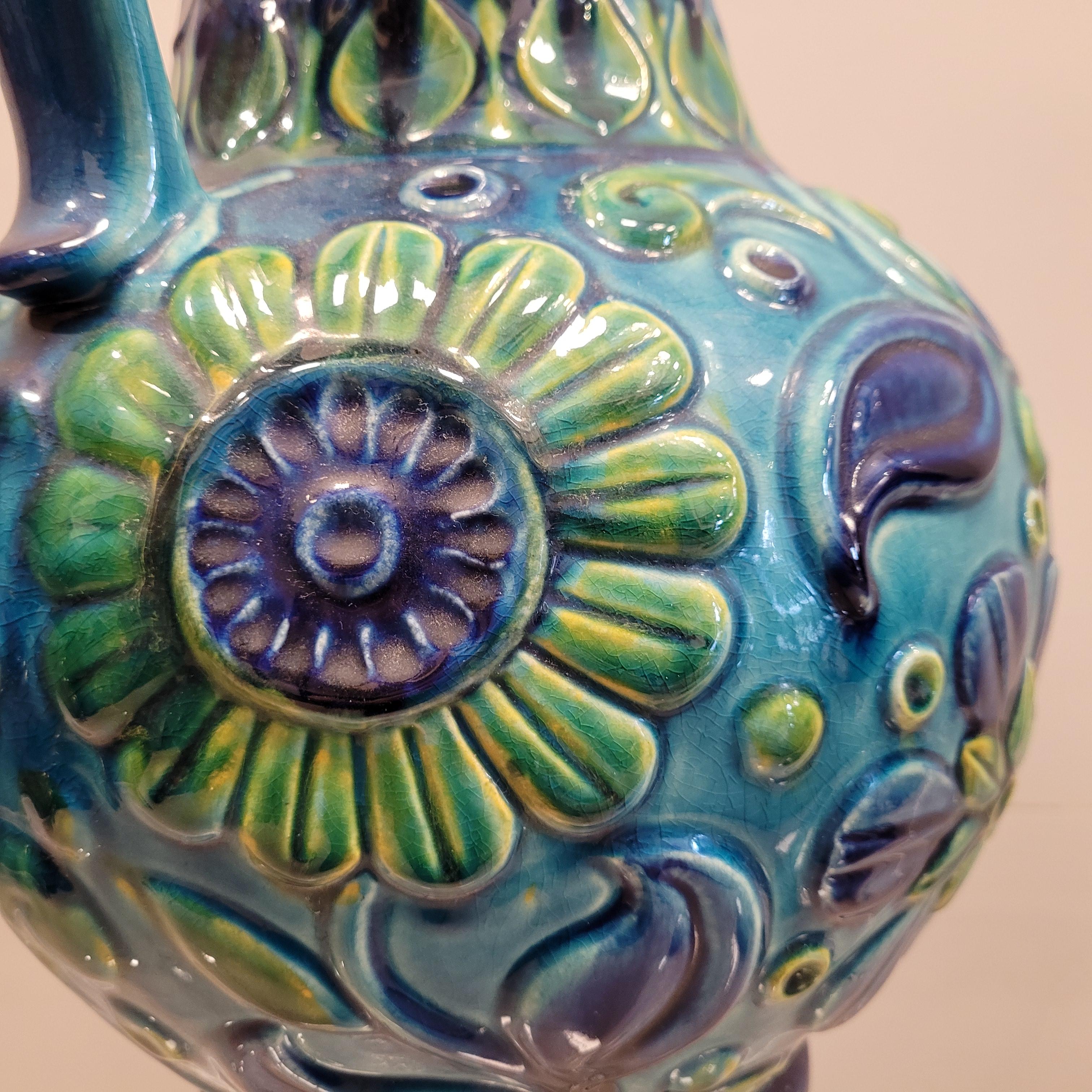 70s German Ceramic Blue green Flowers Vase  9