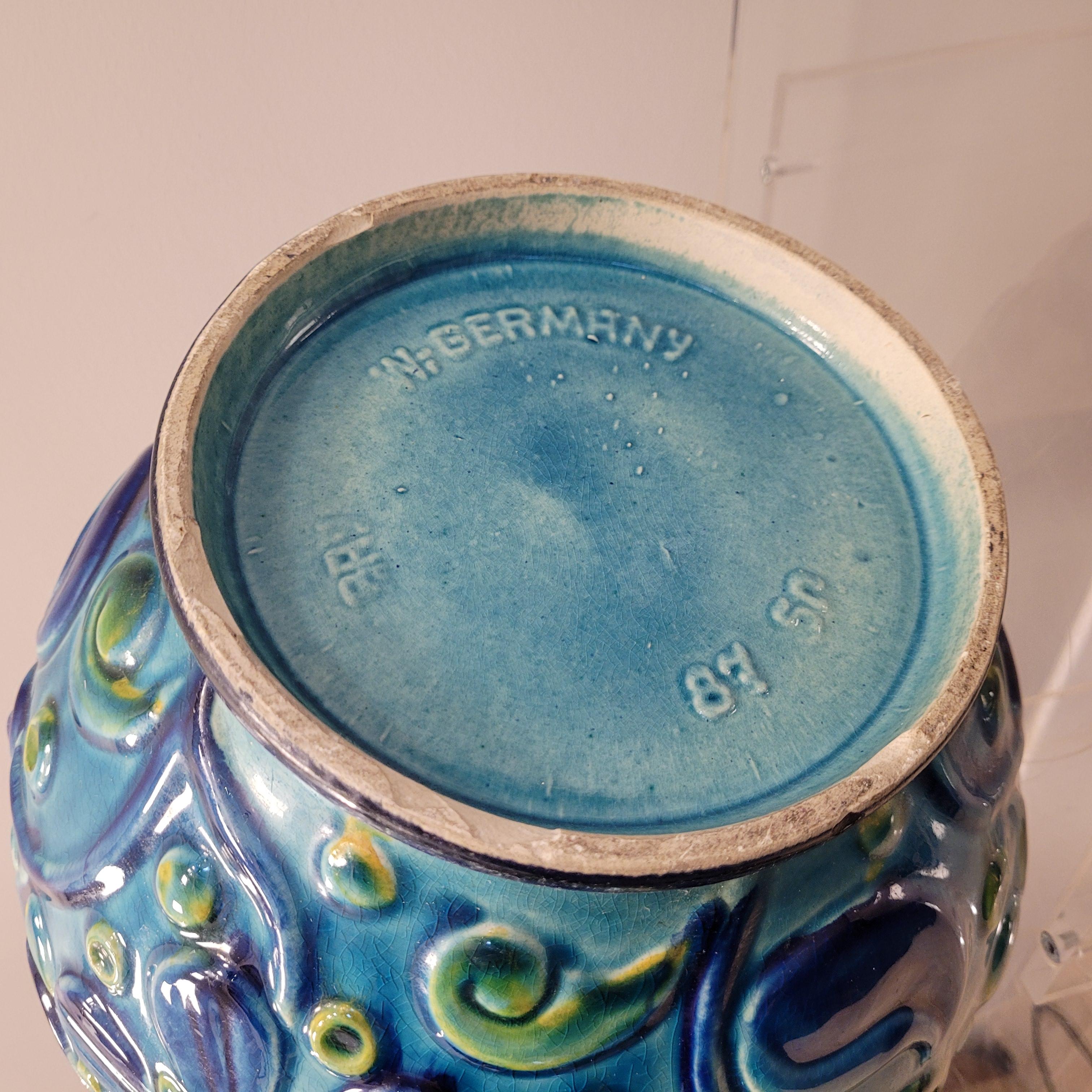 70s German Ceramic Blue green Flowers Vase  12