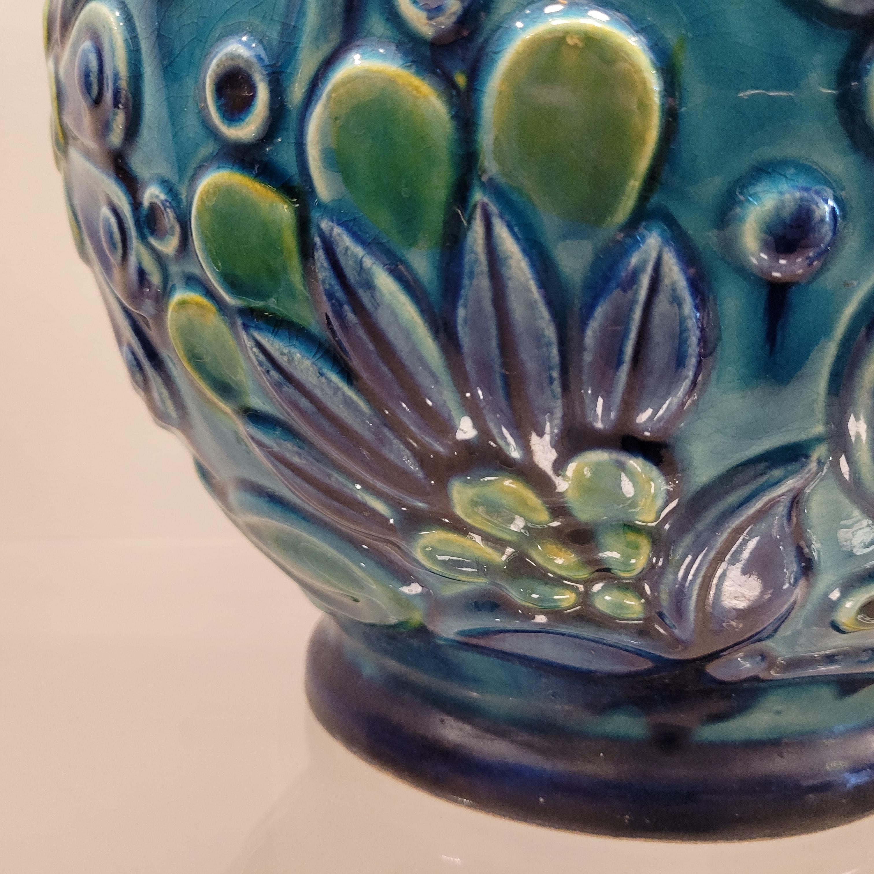70s German Ceramic Blue green Flowers Vase  13