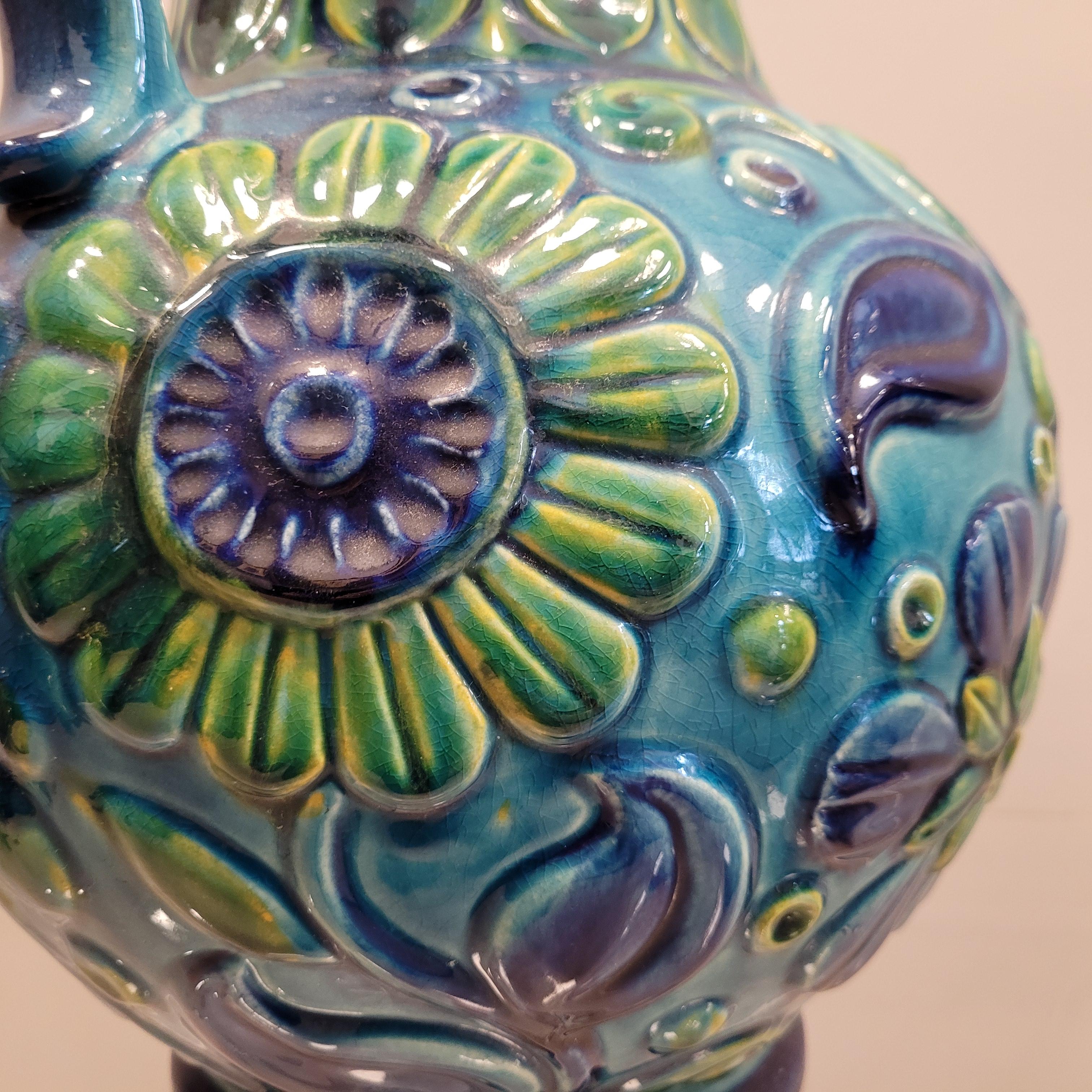 70s German Ceramic Blue green Flowers Vase  15