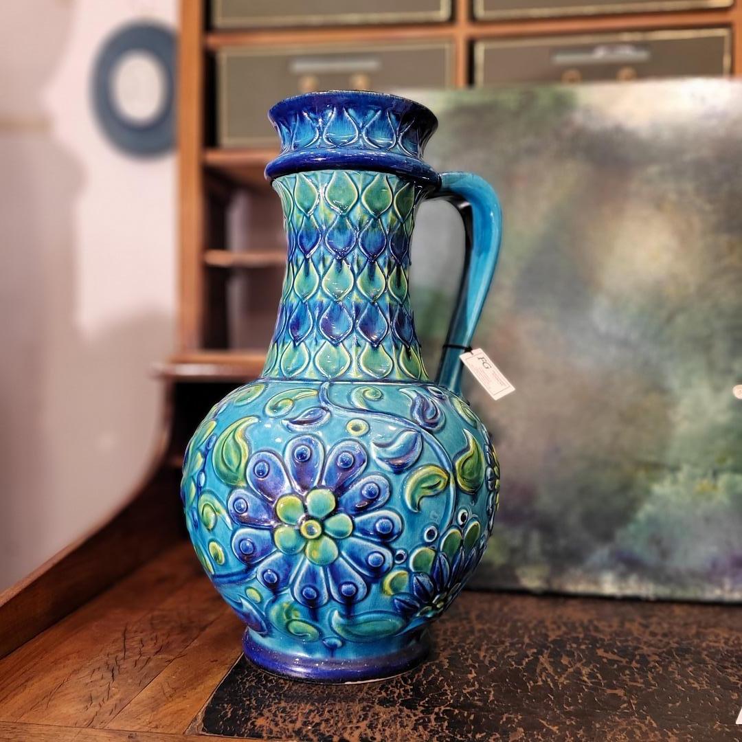70s German Ceramic Blue green Flowers Vase  In Good Condition In VALLADOLID, ES