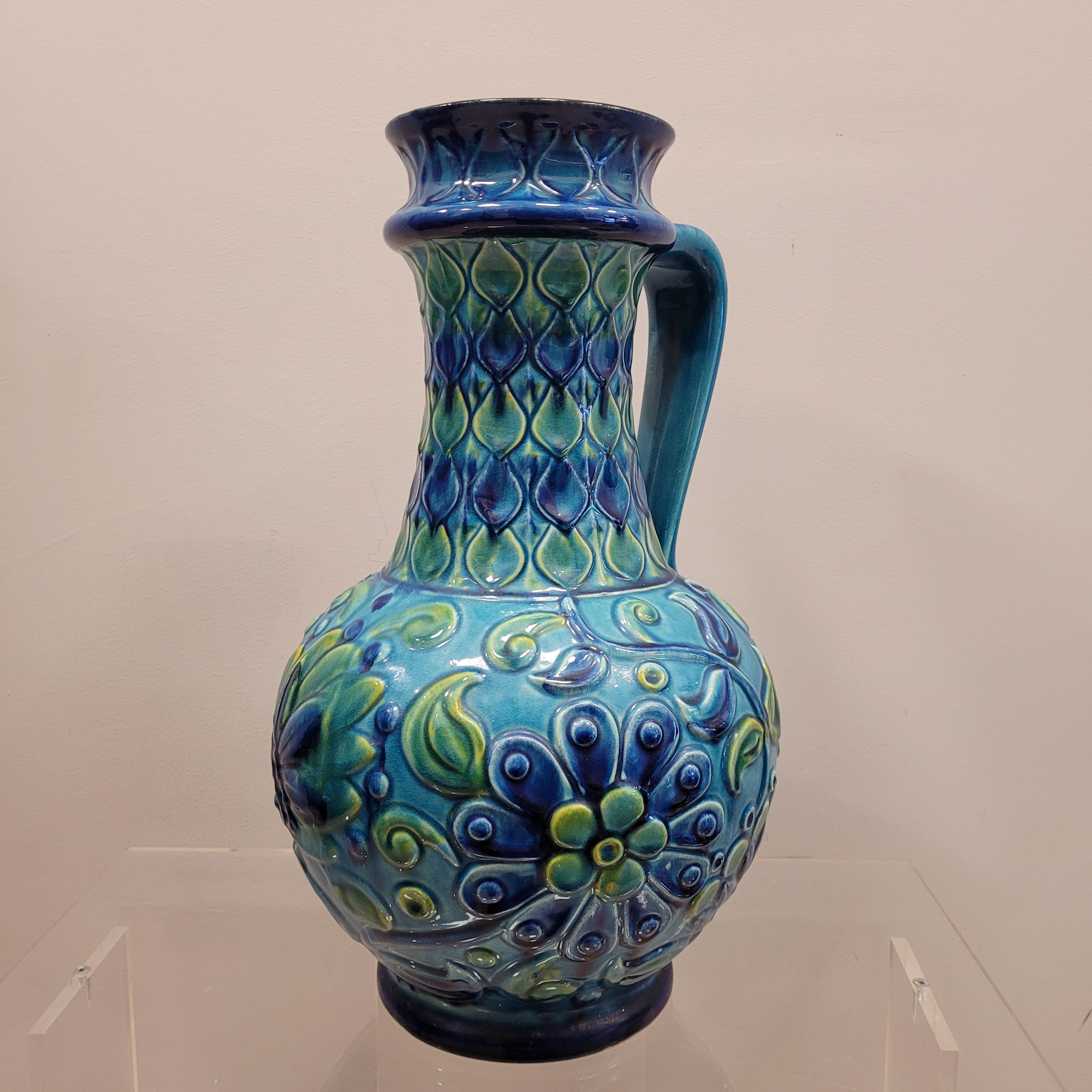 Women's or Men's 70s German Ceramic Blue green Flowers Vase 