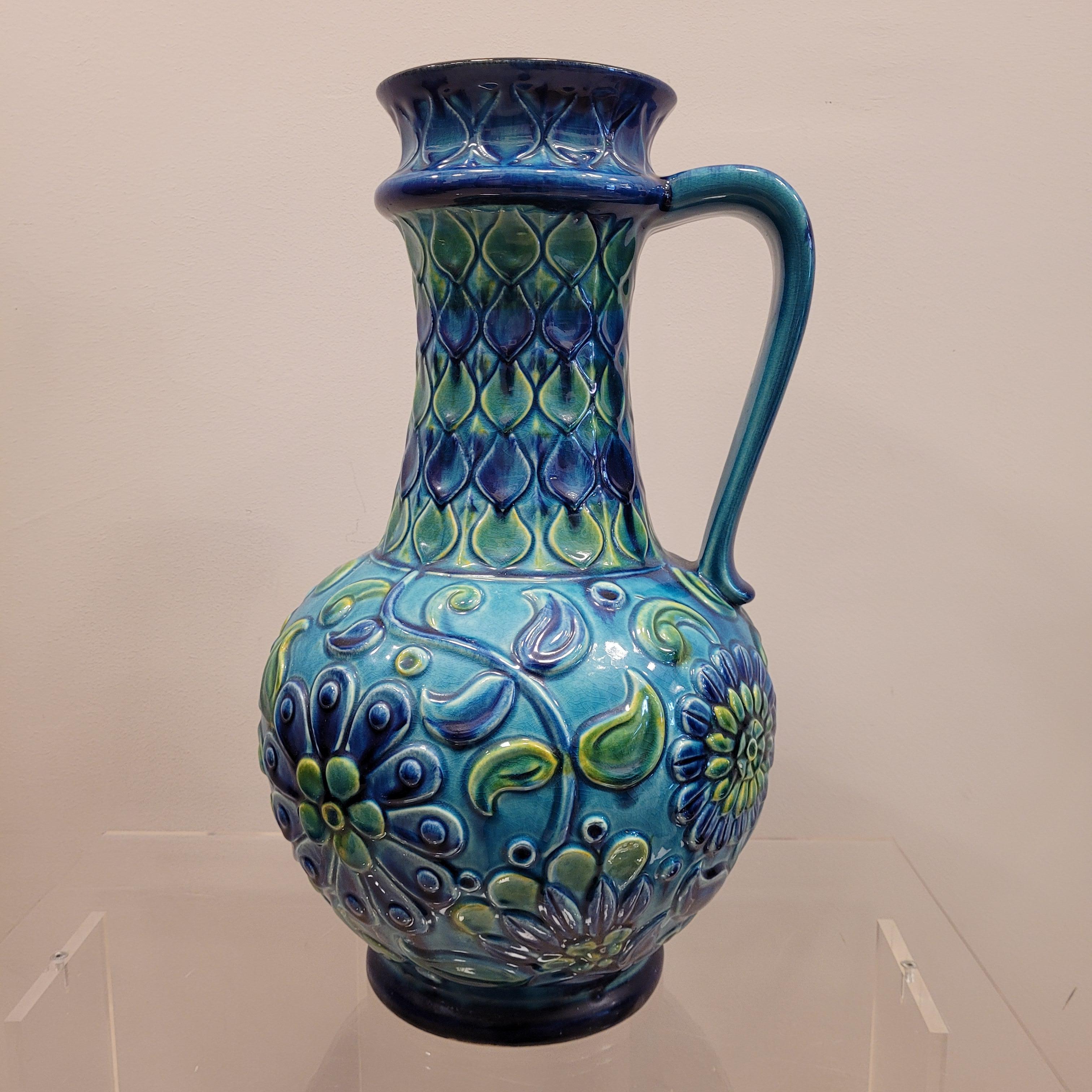 70s German Ceramic Blue green Flowers Vase  1