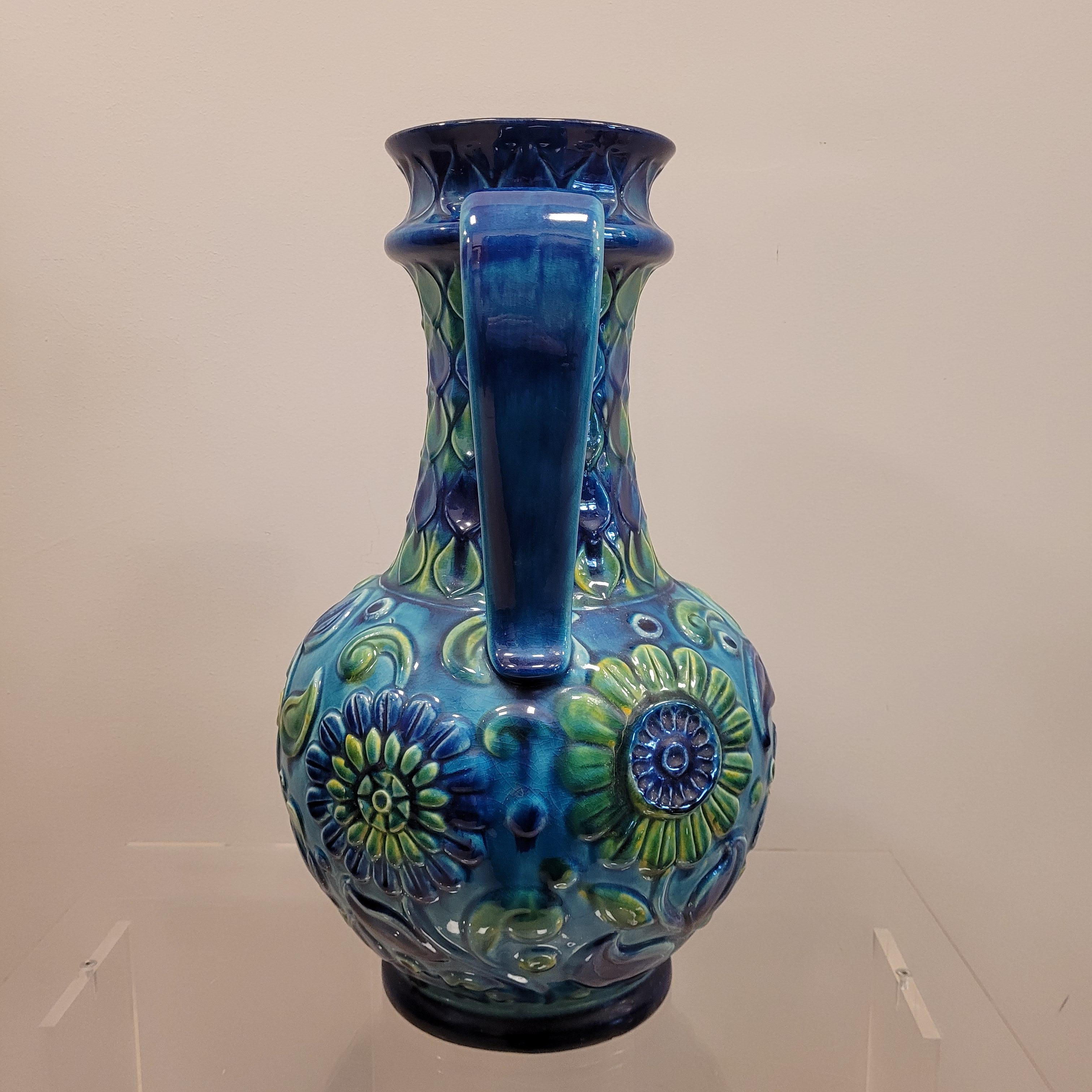 70s German Ceramic Blue green Flowers Vase  2