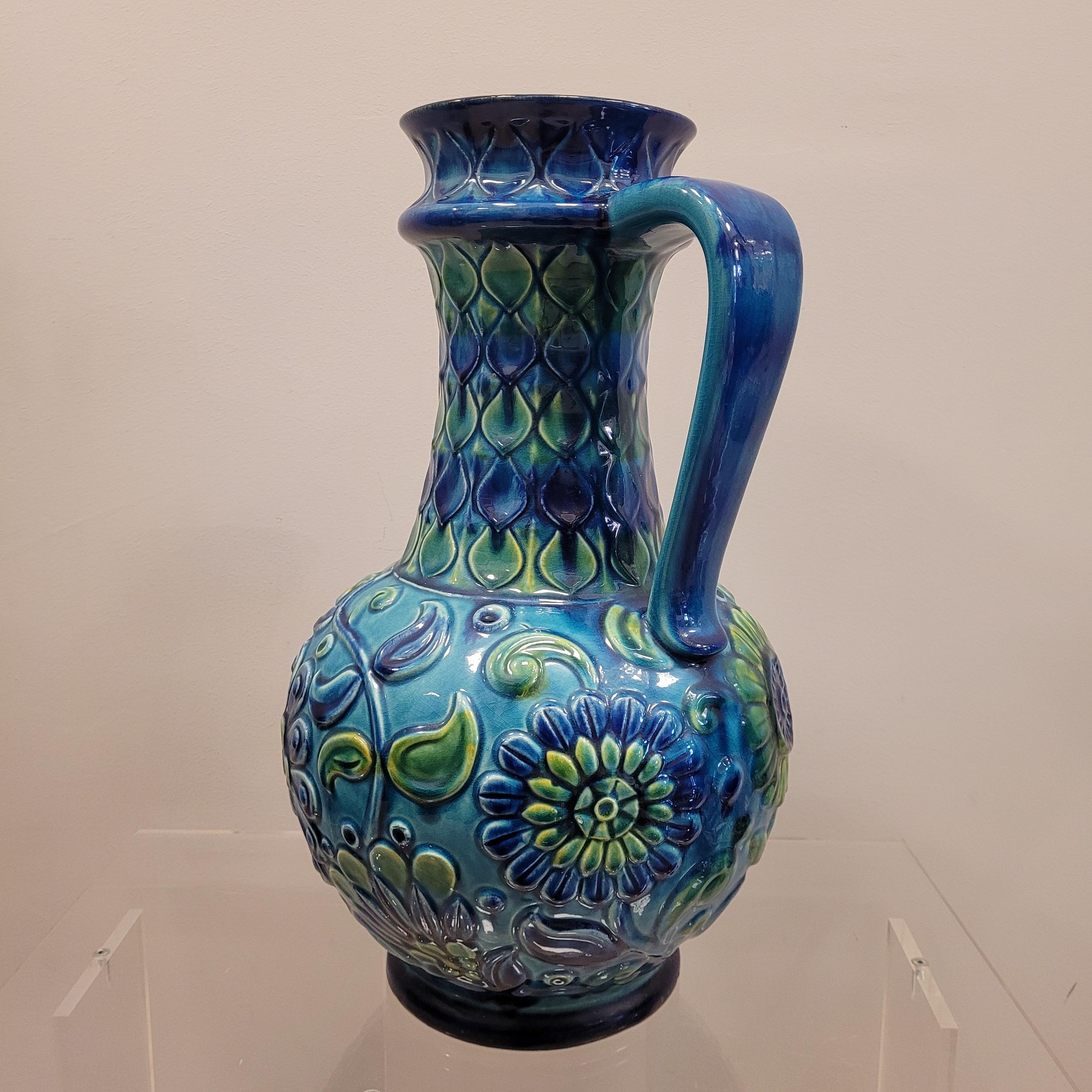 70s German Ceramic Blue green Flowers Vase  3