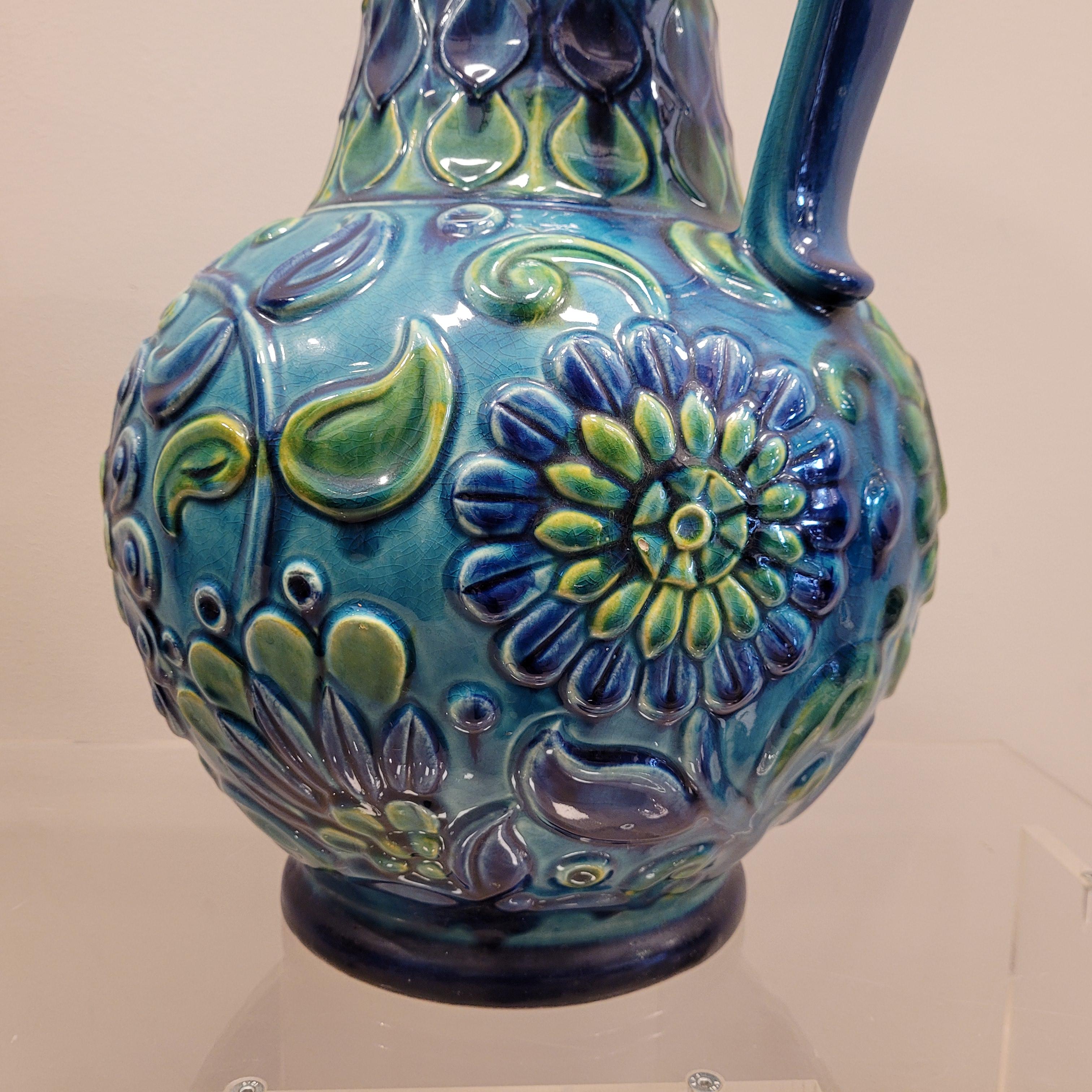 70s German Ceramic Blue green Flowers Vase  4