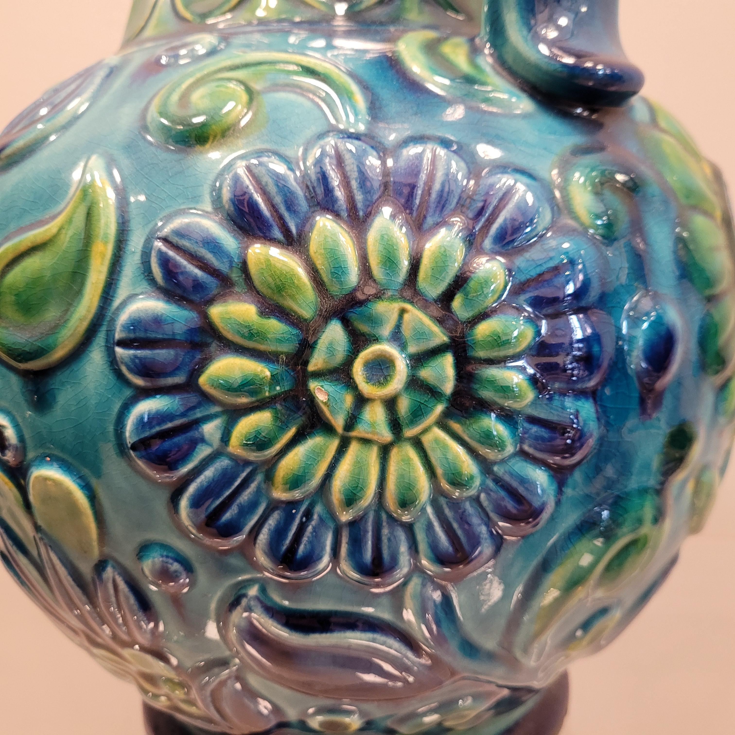 70s German Ceramic Blue green Flowers Vase  5