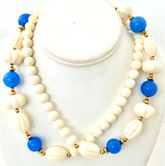70'S Gold, Blue & Ivory Lucite Bead Necklace By, Trifari