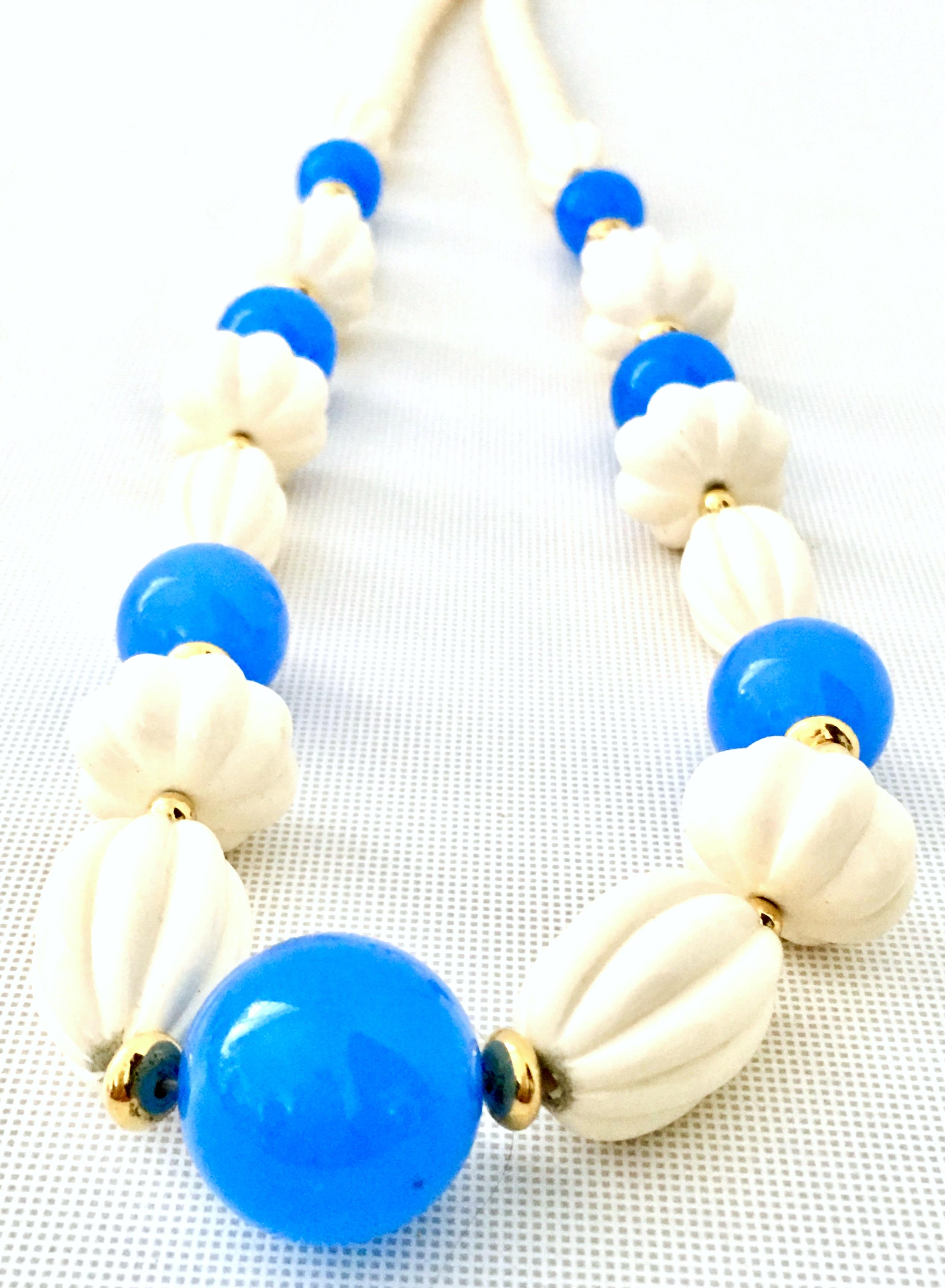 Women's or Men's 70'S Gold, Blue & Ivory Lucite Bead Necklace By, Trifari For Sale
