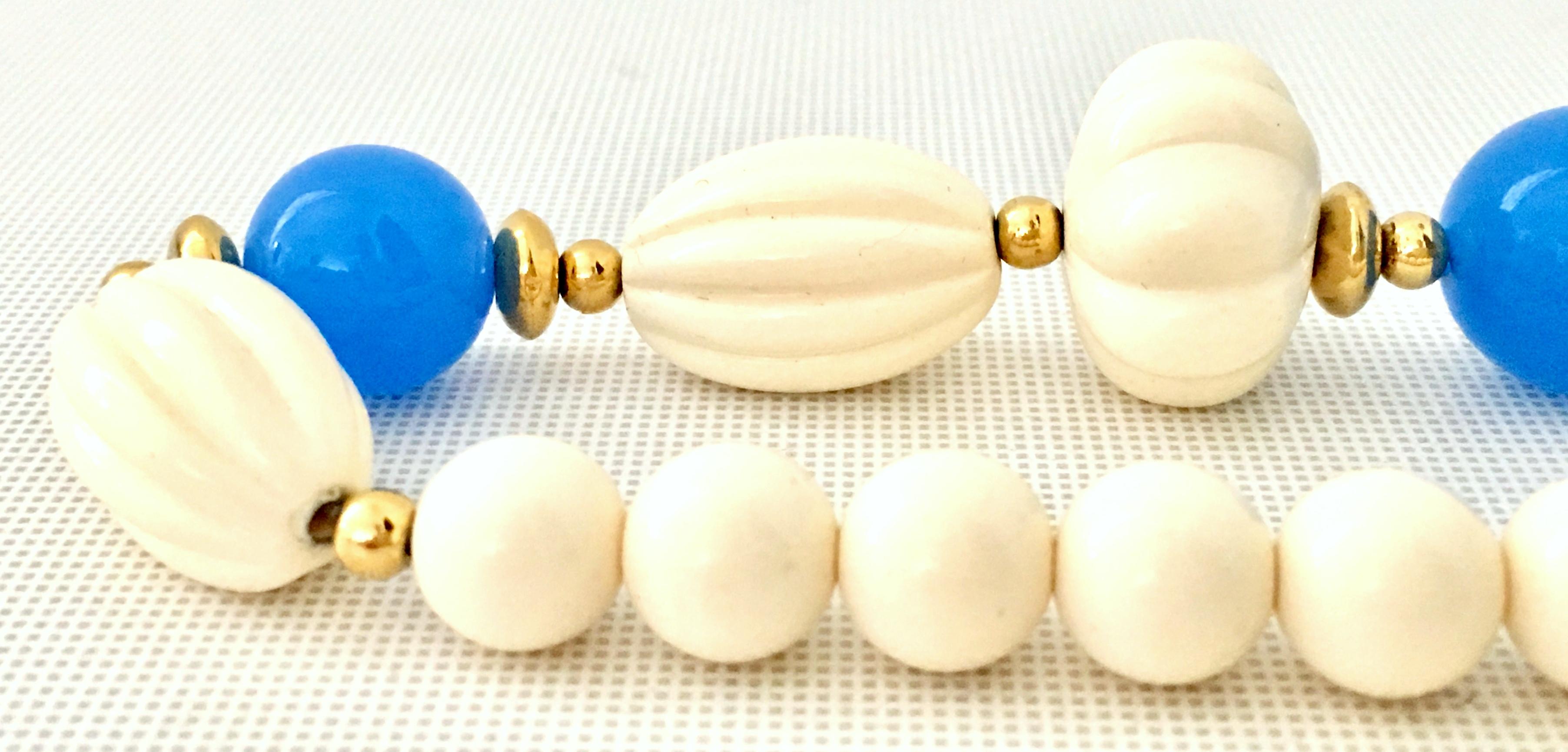 70'S Gold, Blue & Ivory Lucite Bead Necklace By, Trifari In Excellent Condition For Sale In West Palm Beach, FL