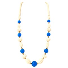 70'S Gold, Blue & Ivory Lucite Bead Necklace By, Trifari