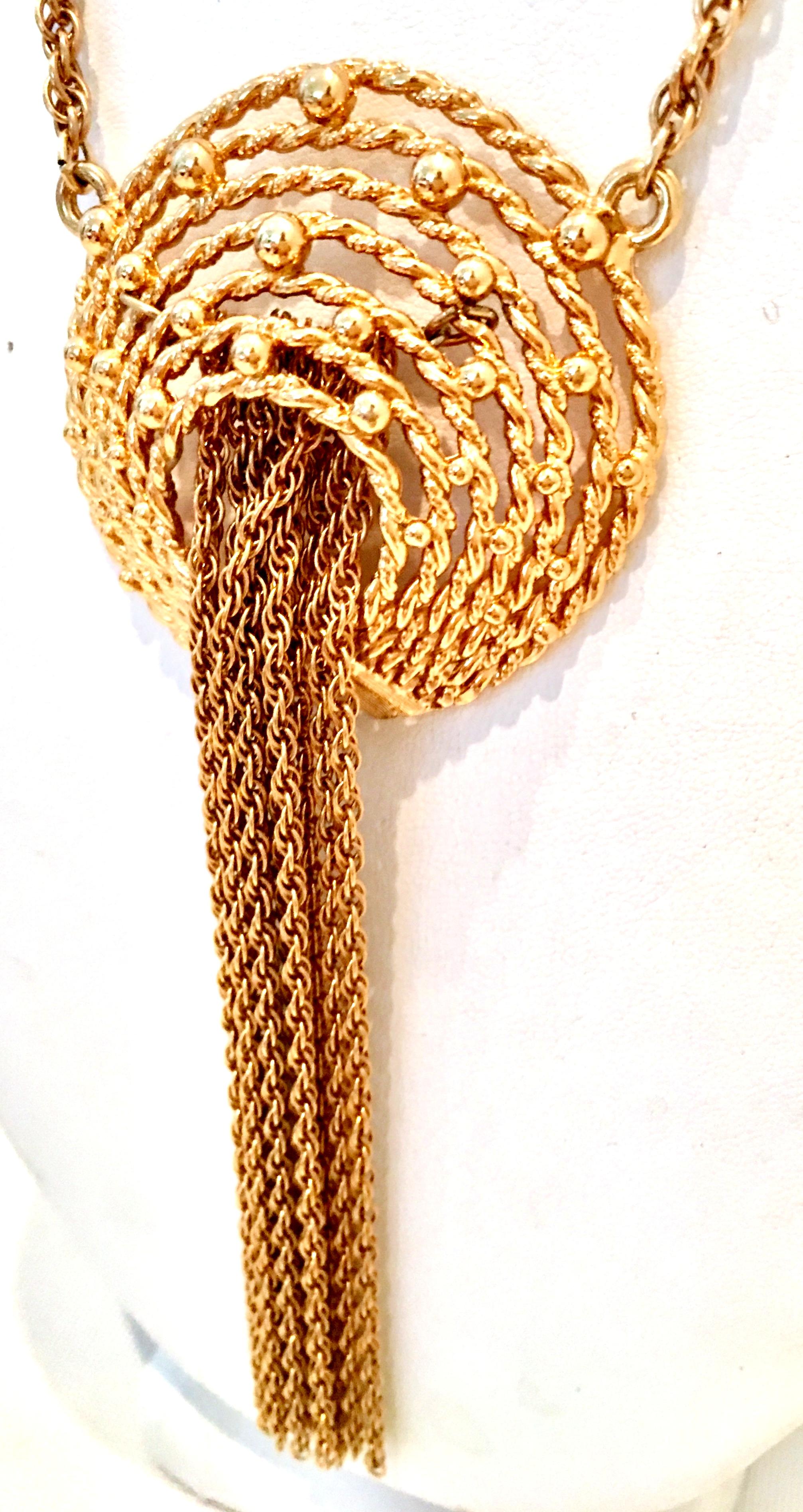 70'S Gold Fringe Tassel Medallion Opera Length Necklace By, Napier 3