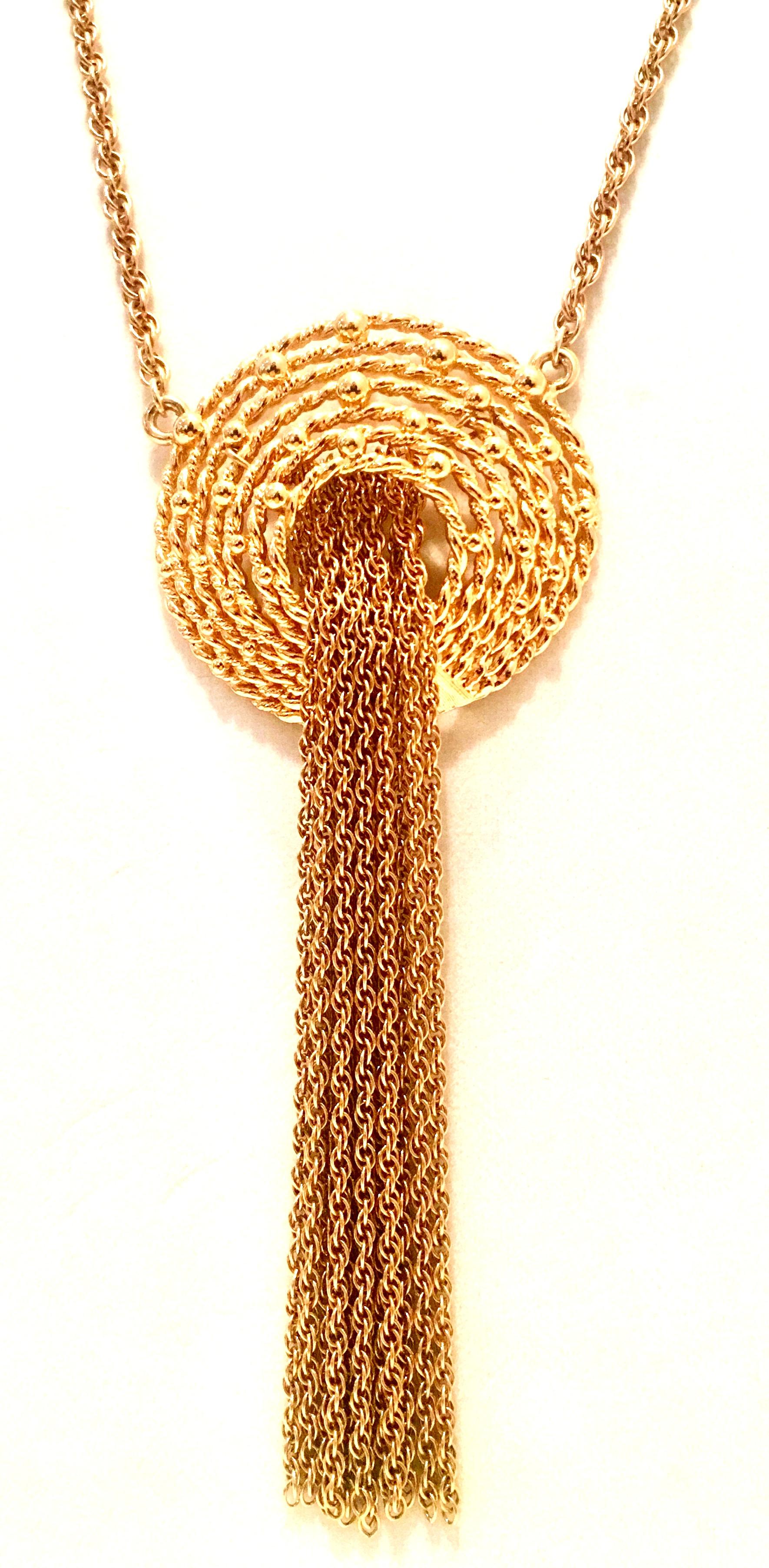 70'S Gold Fringe Tassel Medallion Opera Length Necklace By, Napier In Excellent Condition In West Palm Beach, FL