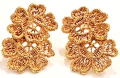 70'S Gold Plate Double Flower Earrings By, Carol Dauplaise