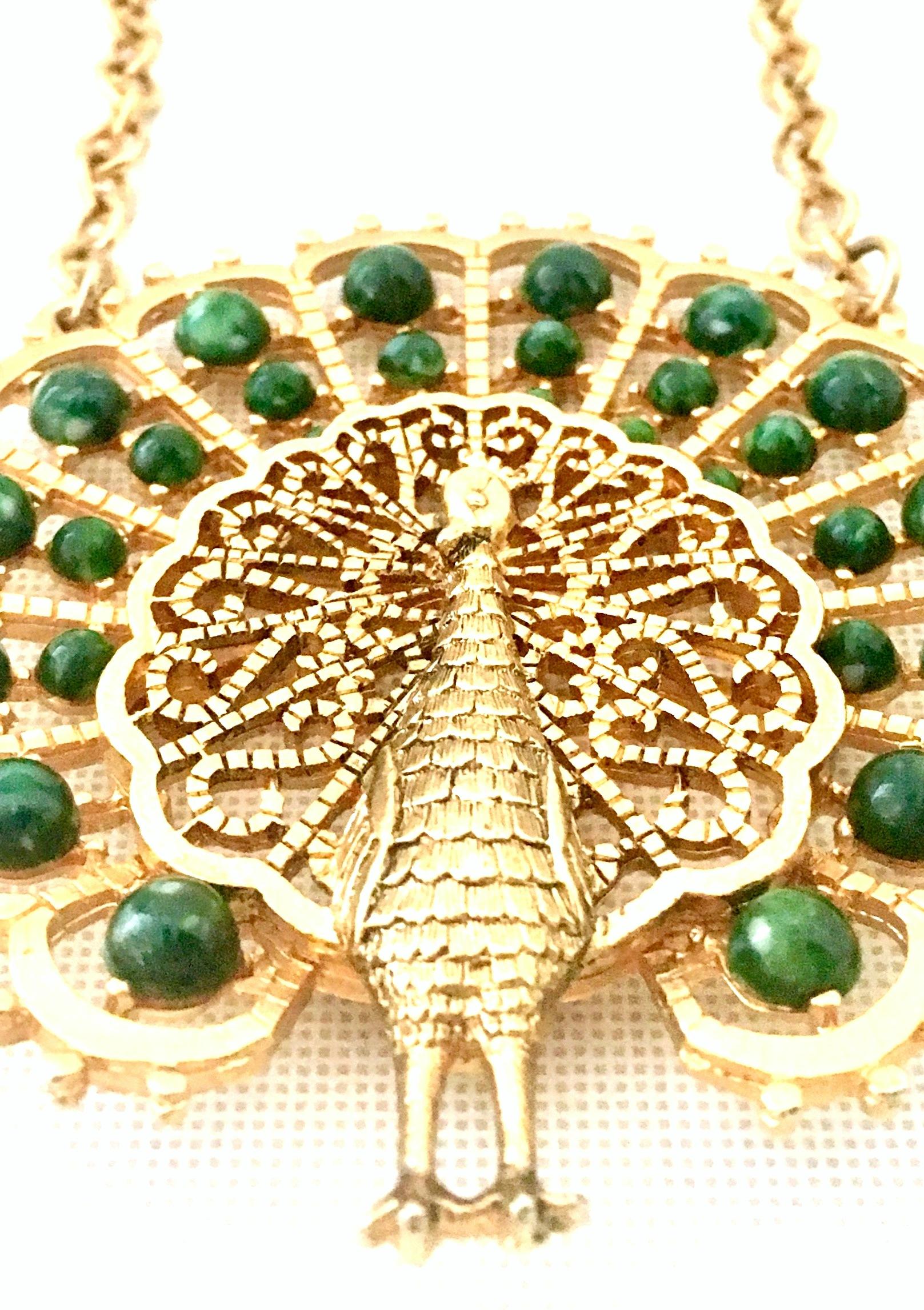 Women's or Men's 70'S Gold Plate & Faux Jade Bead Peacock Pendant Necklace By, Gold Crown For Sale