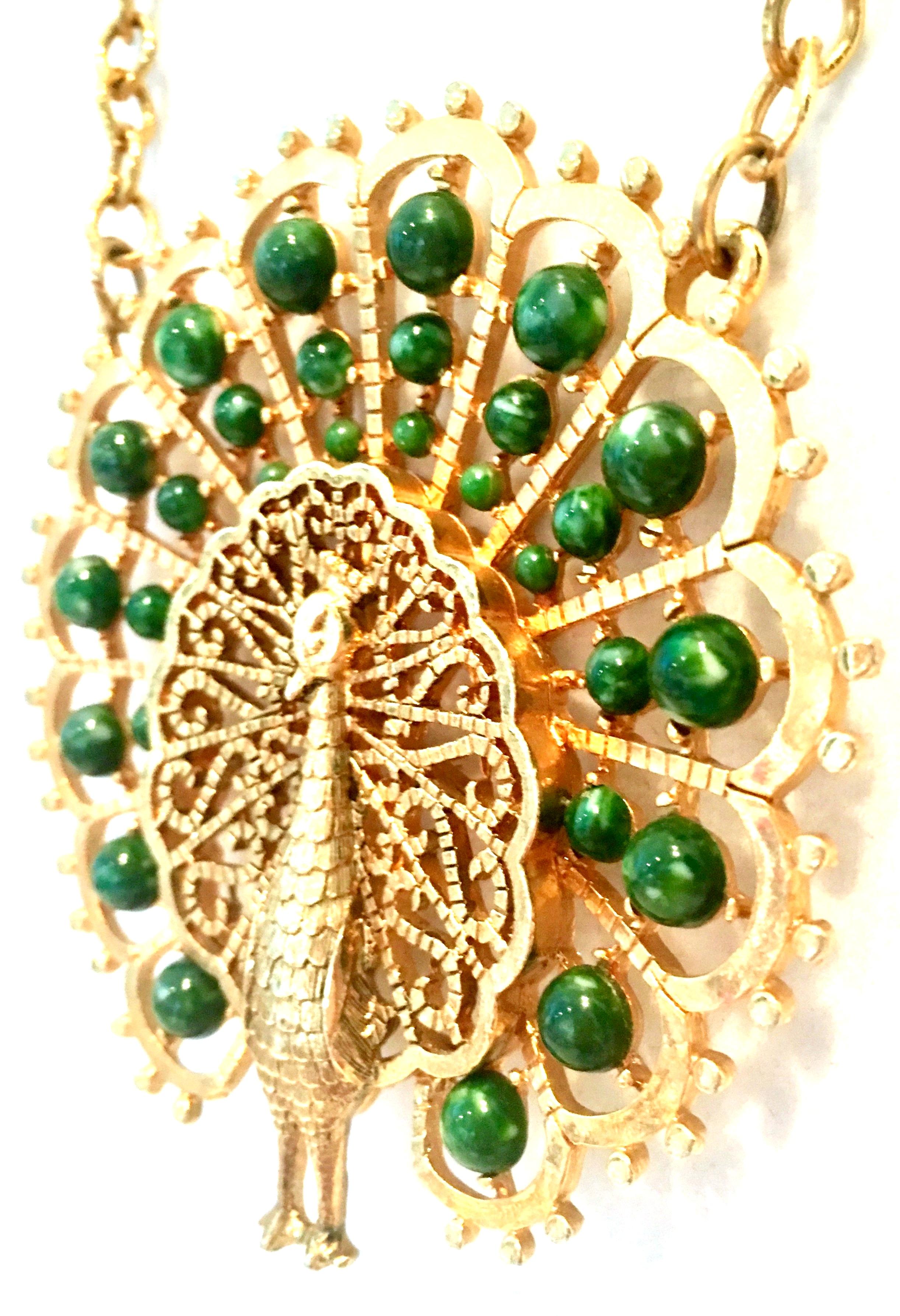 70'S Gold Plate & Faux Jade Bead Peacock Pendant Necklace By, Gold Crown In Good Condition For Sale In West Palm Beach, FL