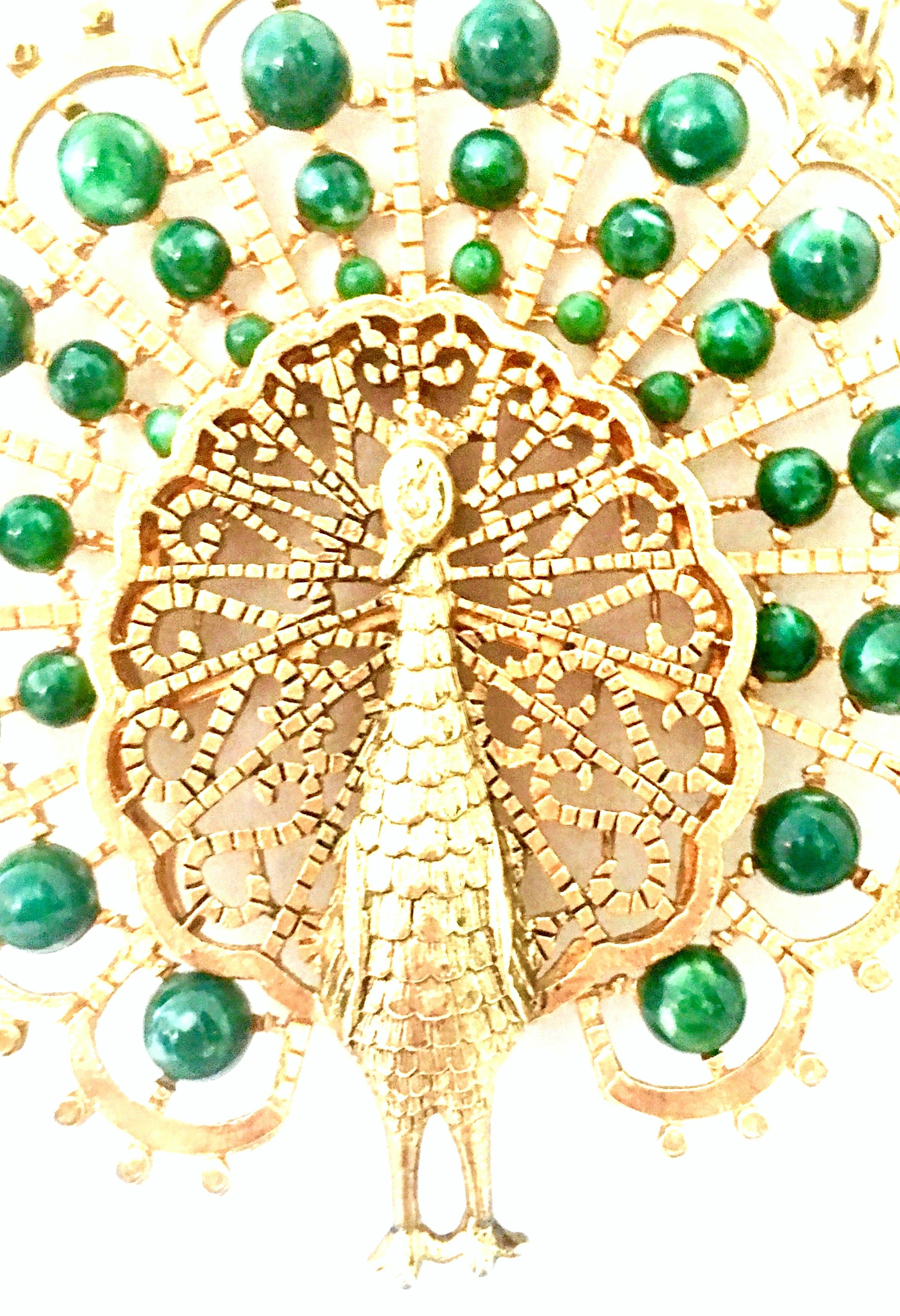 70'S Gold Plate & Faux Jade Bead Peacock Pendant Necklace By, Gold Crown For Sale 1
