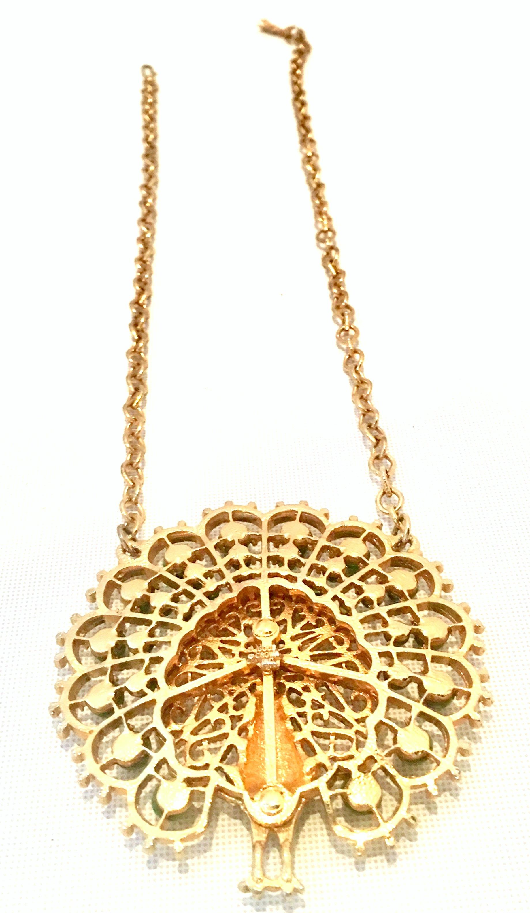 70'S Gold Plate & Faux Jade Bead Peacock Pendant Necklace By, Gold Crown For Sale 3